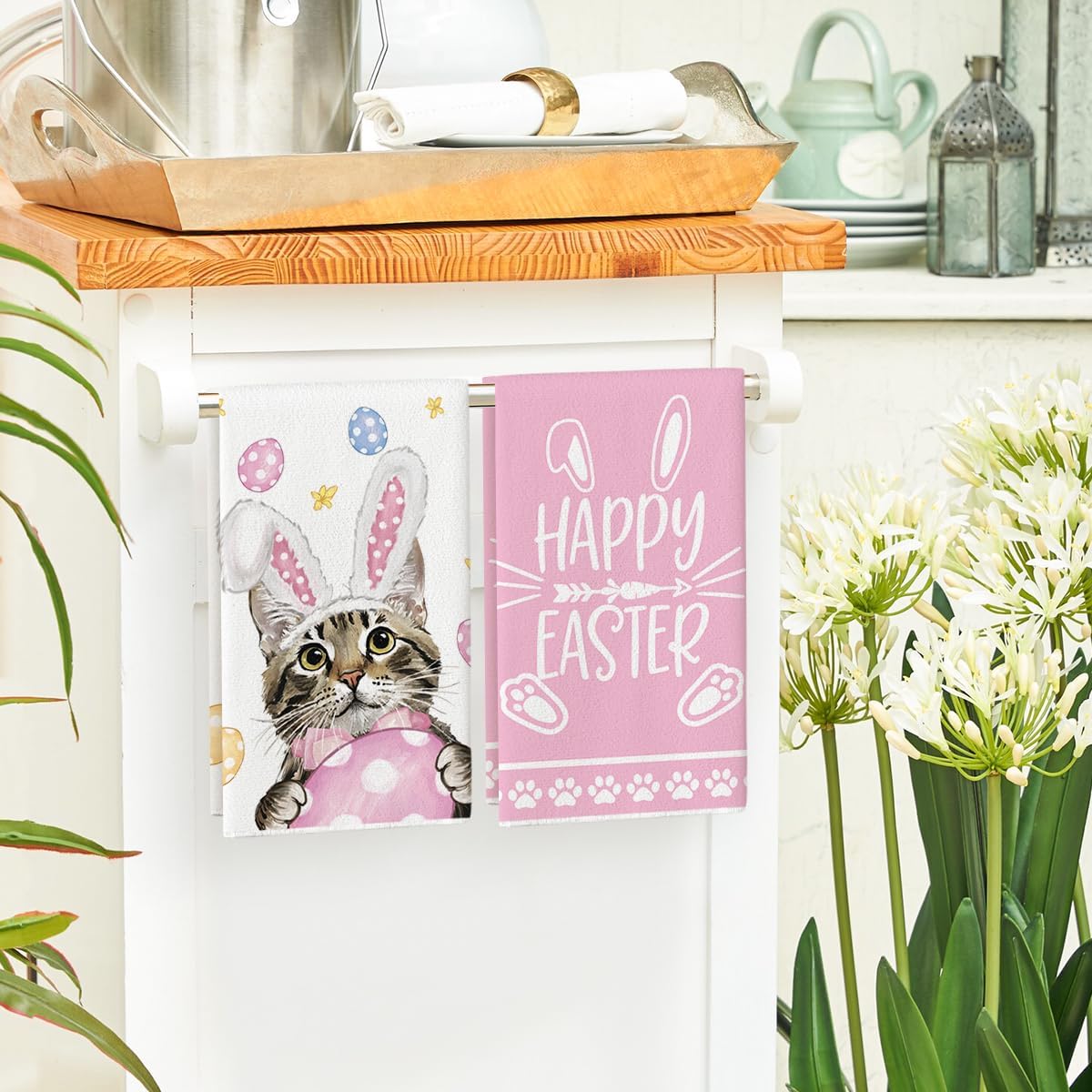 Pink Rabbit Ears Cat Eggs Happy Easter Kitchen Towels Dish Towels, 18x26 Inch Spring Summer Holiday Decoration Hand Towels Set of 2