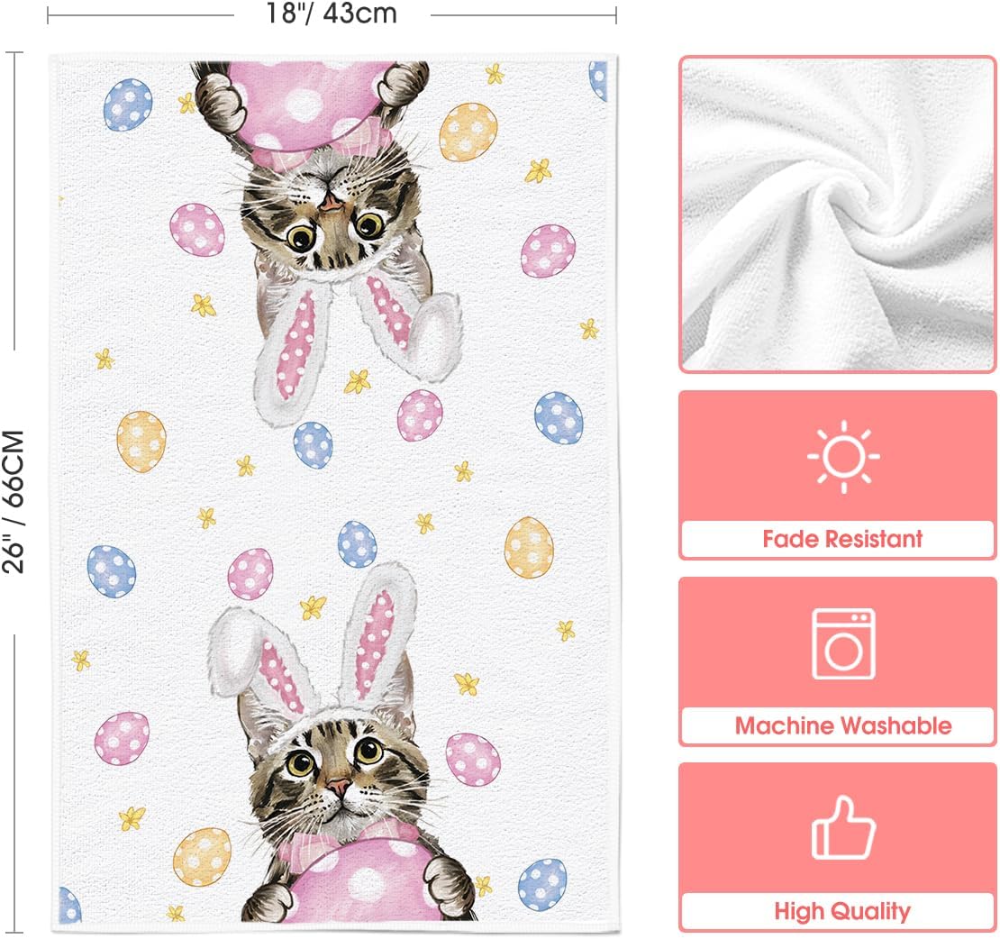 Pink Rabbit Ears Cat Eggs Happy Easter Kitchen Towels Dish Towels, 18x26 Inch Spring Summer Holiday Decoration Hand Towels Set of 2