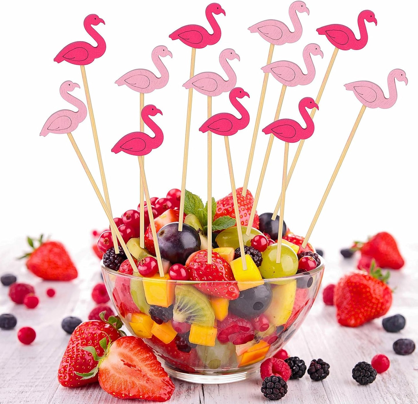 100 Pack Flamingo Toothpicks for Appetizers, 4.7 Inch Natural Bamboo Cocktail Picks for Cake Dessert Food Fruit Party Decorations