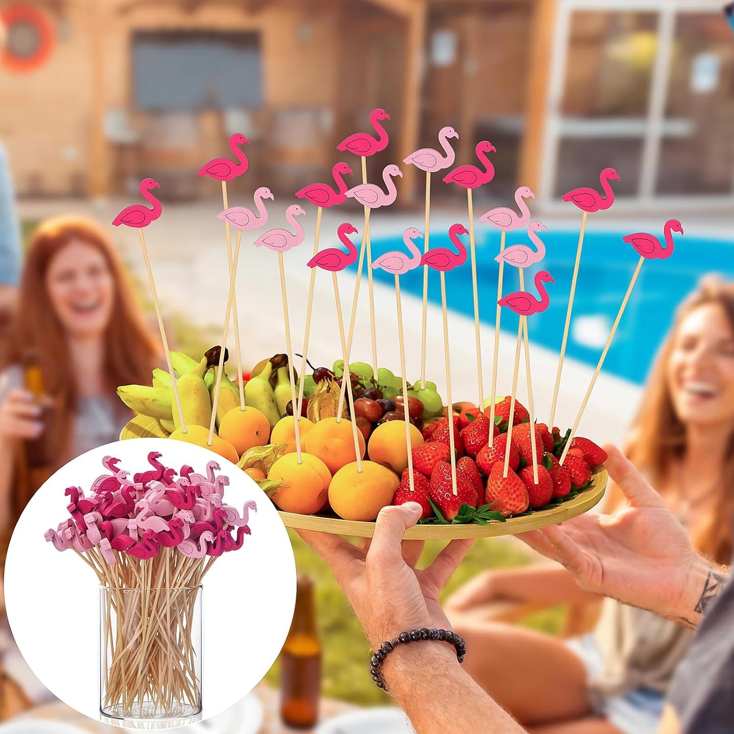 100 Pack Flamingo Toothpicks for Appetizers, 4.7 Inch Natural Bamboo Cocktail Picks for Cake Dessert Food Fruit Party Decorations
