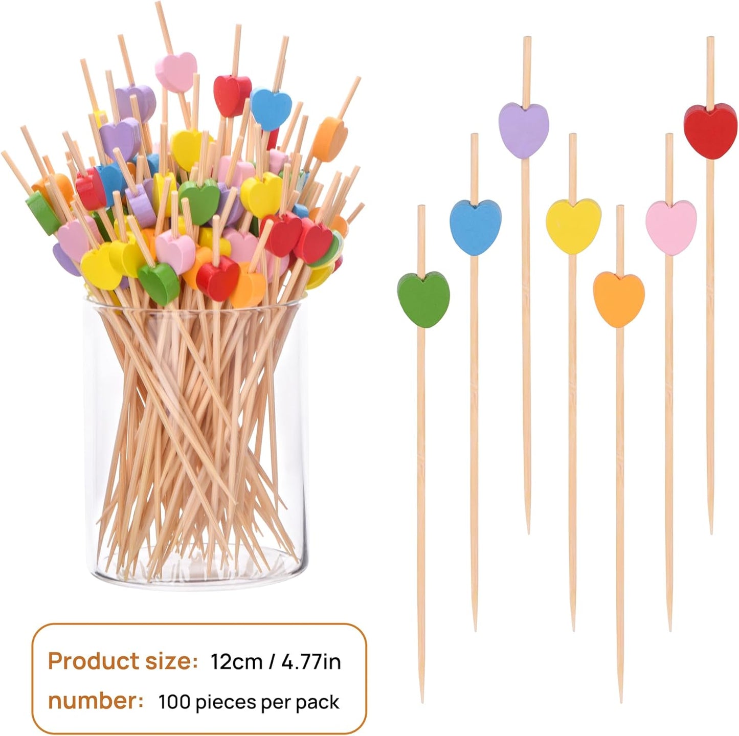 100 Pack Fruit Toothpicks, Heart-Shaped Bamboo Cocktail Picks, Natural Bamboo Toothpicks for Appetizers Fruit Cake Dessert Barbecue Snacks Sandwiches (Pink)