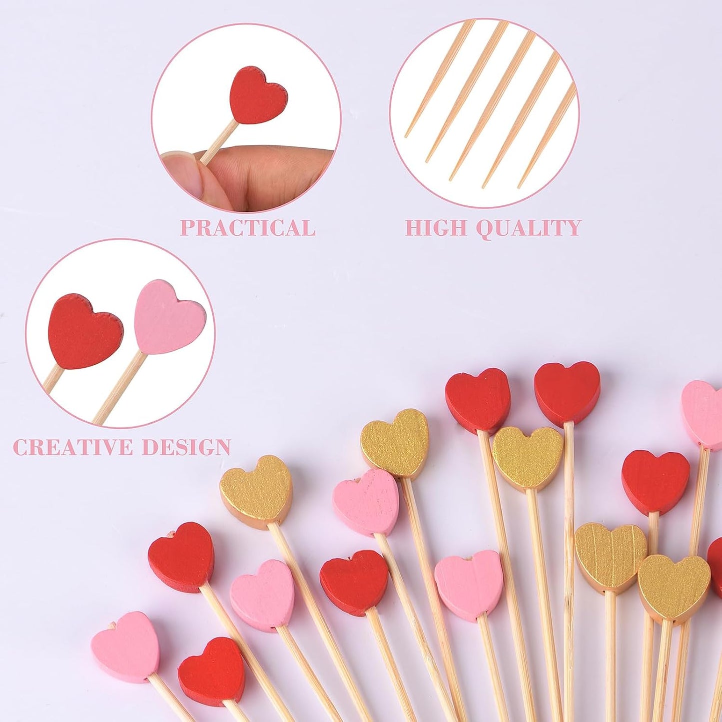 100 Pack Heart-Shaped Bamboo Cocktail Picks, 4.7" Heart Toothpicks for Appetizers, Natural Bamboo Food Picks for Valentines Wedding Birthday Party Decoration