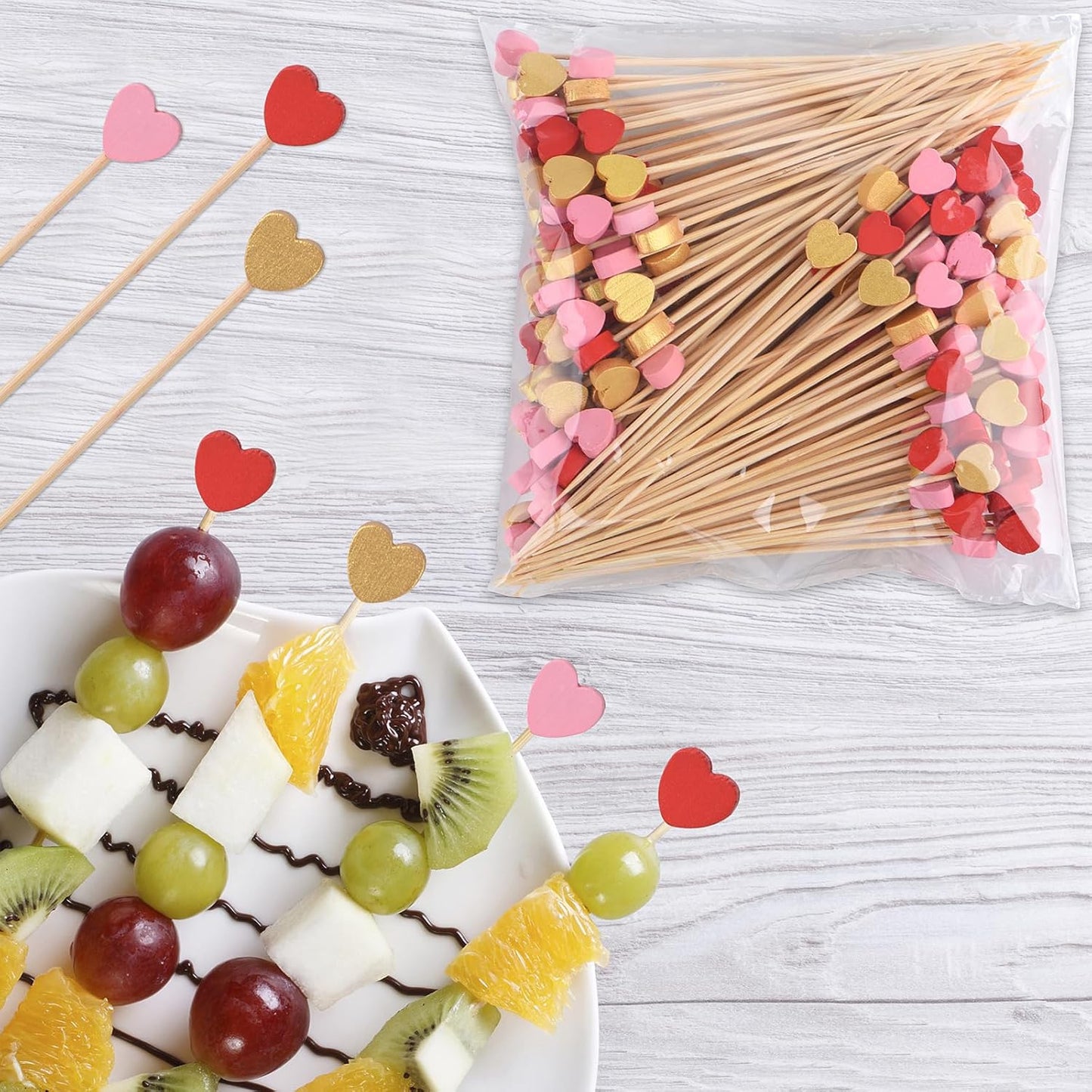 100 Pack Heart-Shaped Bamboo Cocktail Picks, 4.7" Heart Toothpicks for Appetizers, Natural Bamboo Food Picks for Valentines Wedding Birthday Party Decoration