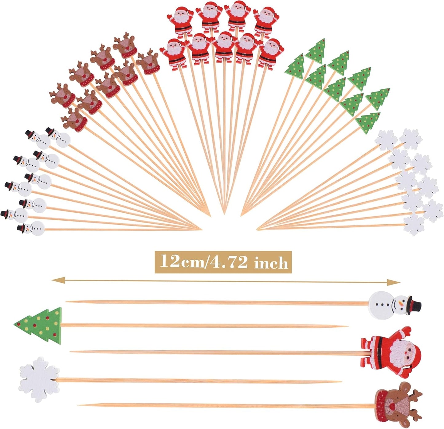 100 Pack Christmas Toothpicks for Appetizers, 4.7 Inch Natural Bamboo Cocktail Picks for Cake Dessert Food Fruit Christmas Party Decorations