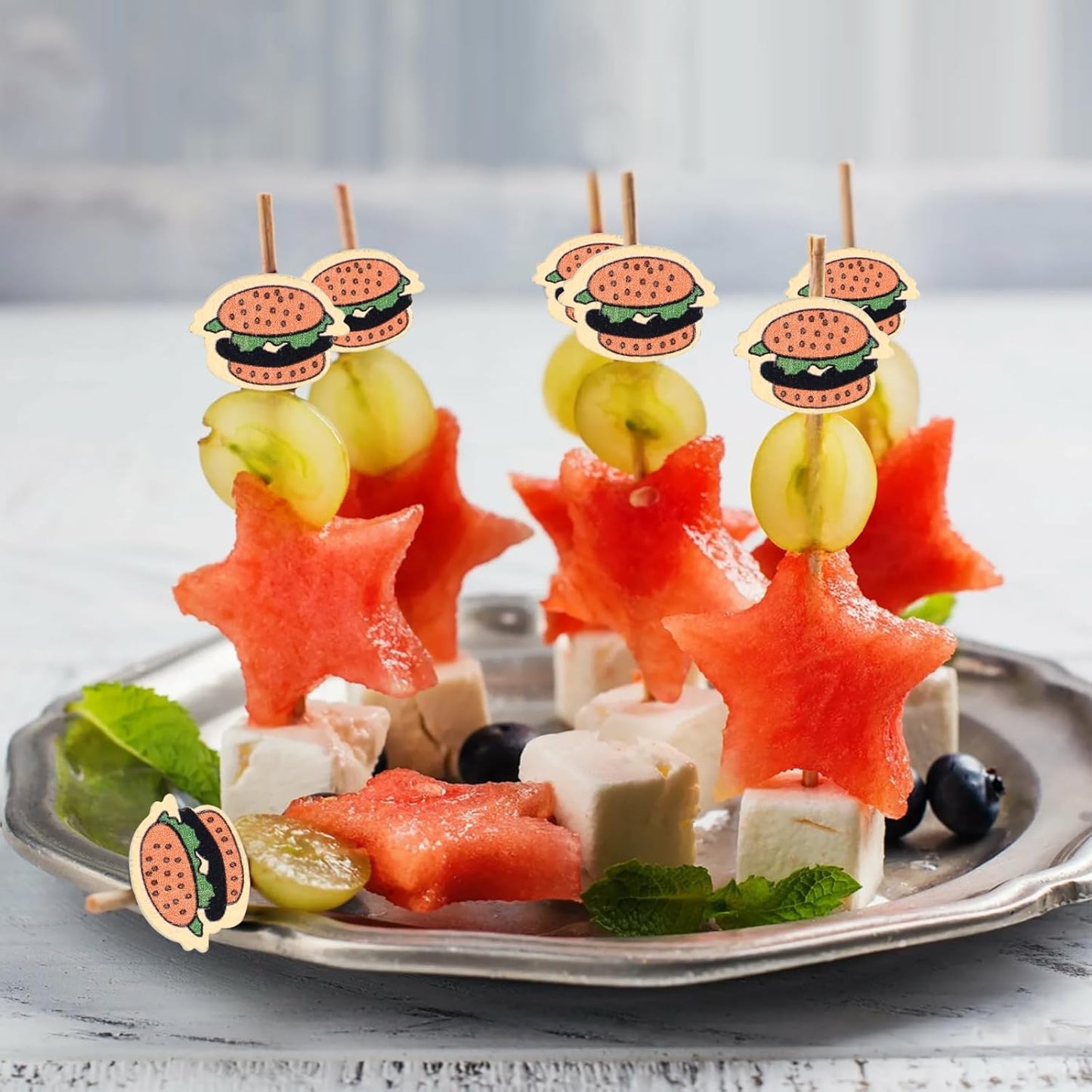100 Pack Food Toothpicks for Appetizers, 4.7 Inch Bamboo Cocktail Picks Skewers Fruit Sticks, Fancy Toothpicks for Breakfast Sandwiches Hamburger Fruit and Parties Events