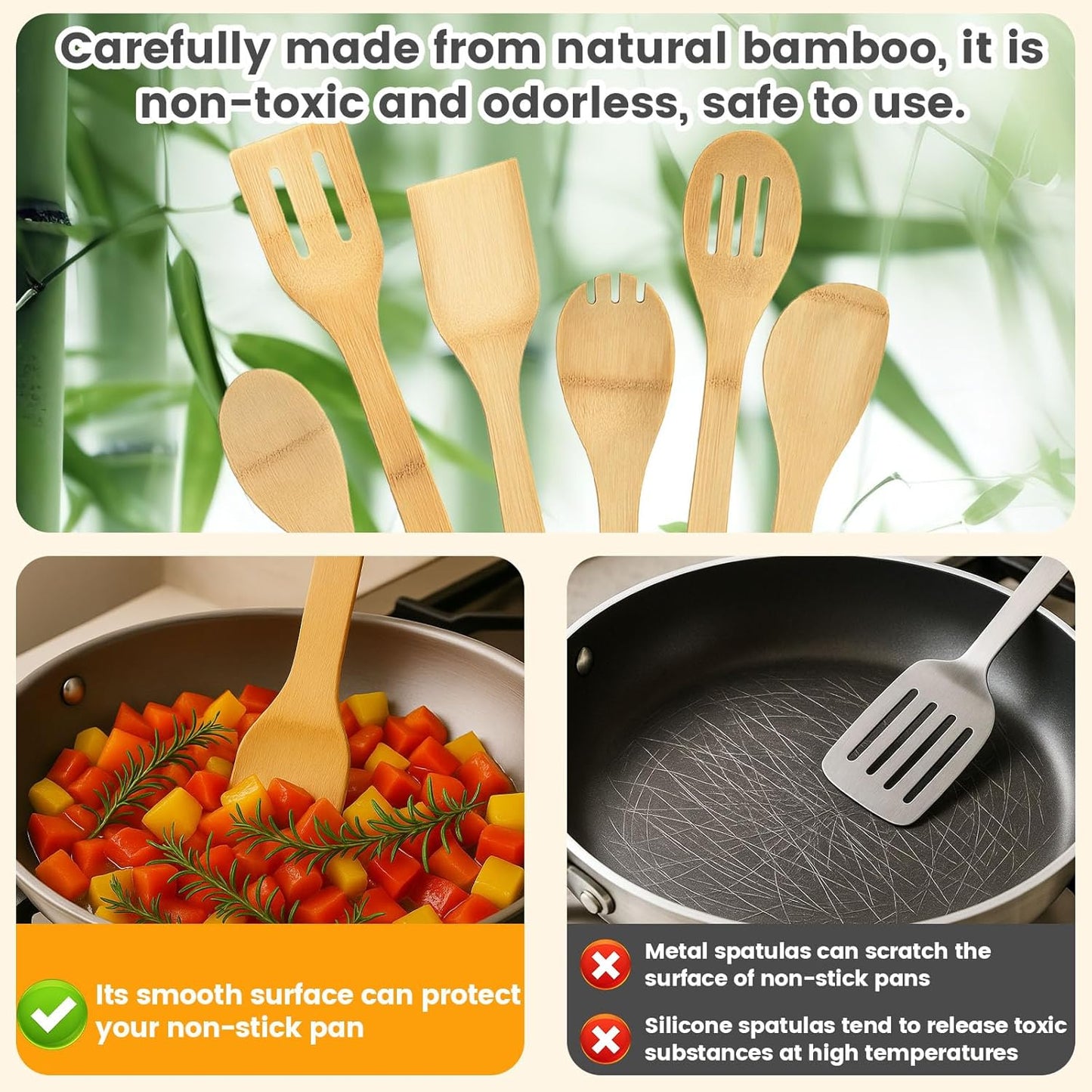 Bamboo Wooden Spoons for Cooking 6-Piece, Nonstick Bamboo Kitchen Utensils Set Wood Spatulas Spoons for Daily Use, Housewarming Gifts