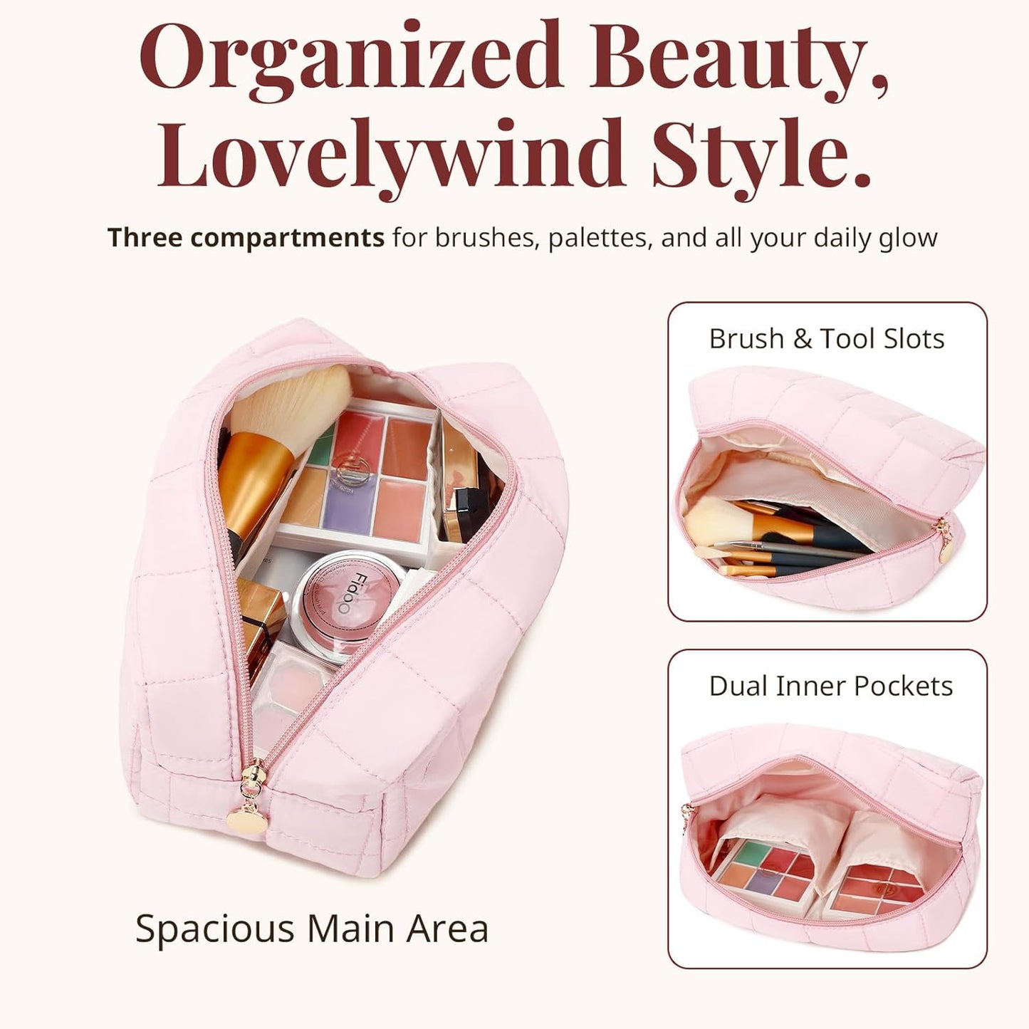 Makeup Bag, Quilted Puffy Travel Toiletry Bag with Compartments, Wide-Open Cosmetic Bag for Women, Pouch Purse Organizer, Pink