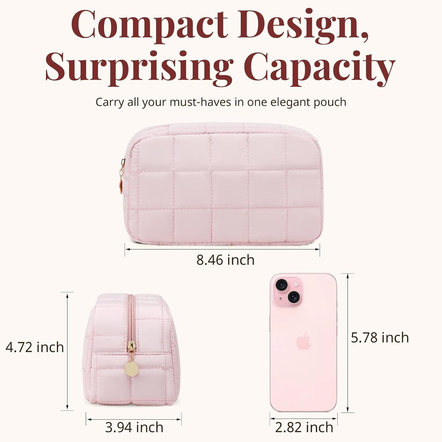 Makeup Bag, Quilted Puffy Travel Toiletry Bag with Compartments, Wide-Open Cosmetic Bag for Women, Pouch Purse Organizer, Pink