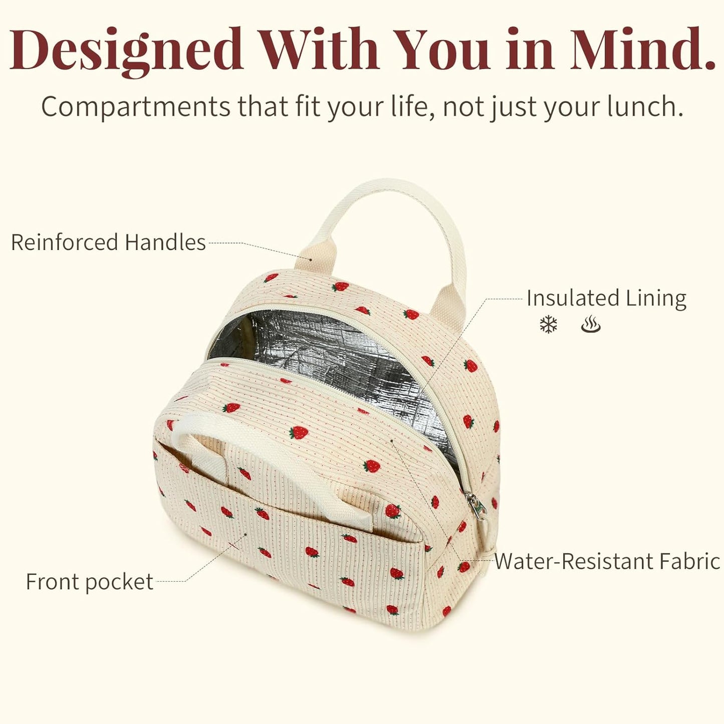Insulated Straerry Lunch Bag for Women, Stylish Corduroy Tote with Aluminum Lining, Large Capacity Reusable Cooler for Work, Travel, Beach or Picnic, Beige Cream Water-Resistant Lunch Box