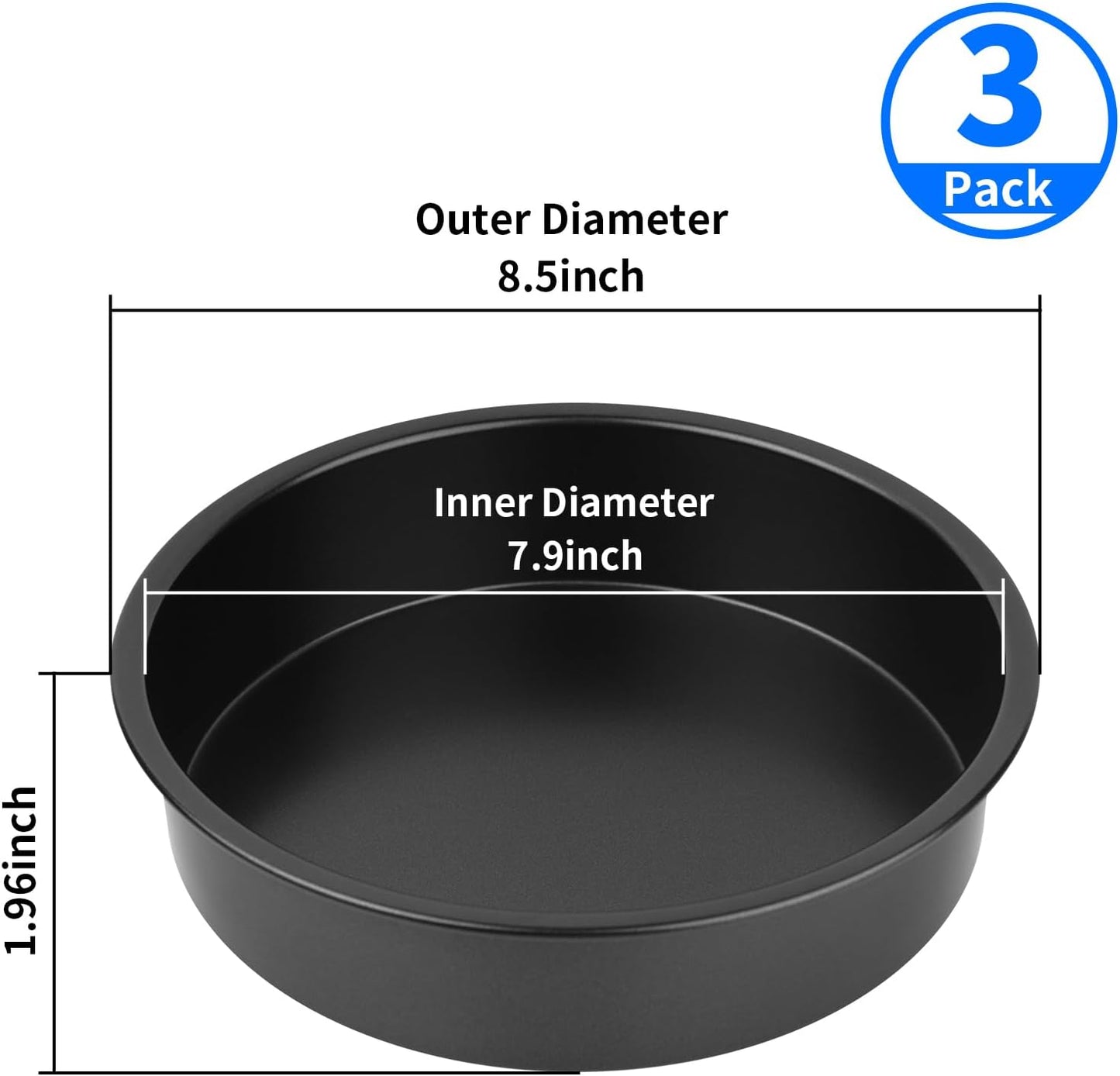 8” Round Cake Pans - 3PCS Nonstick Round Baking Cake Pan, Mold,Dish, Flan, Tin, Carbon Steel Baking Set, Essential Bakeware