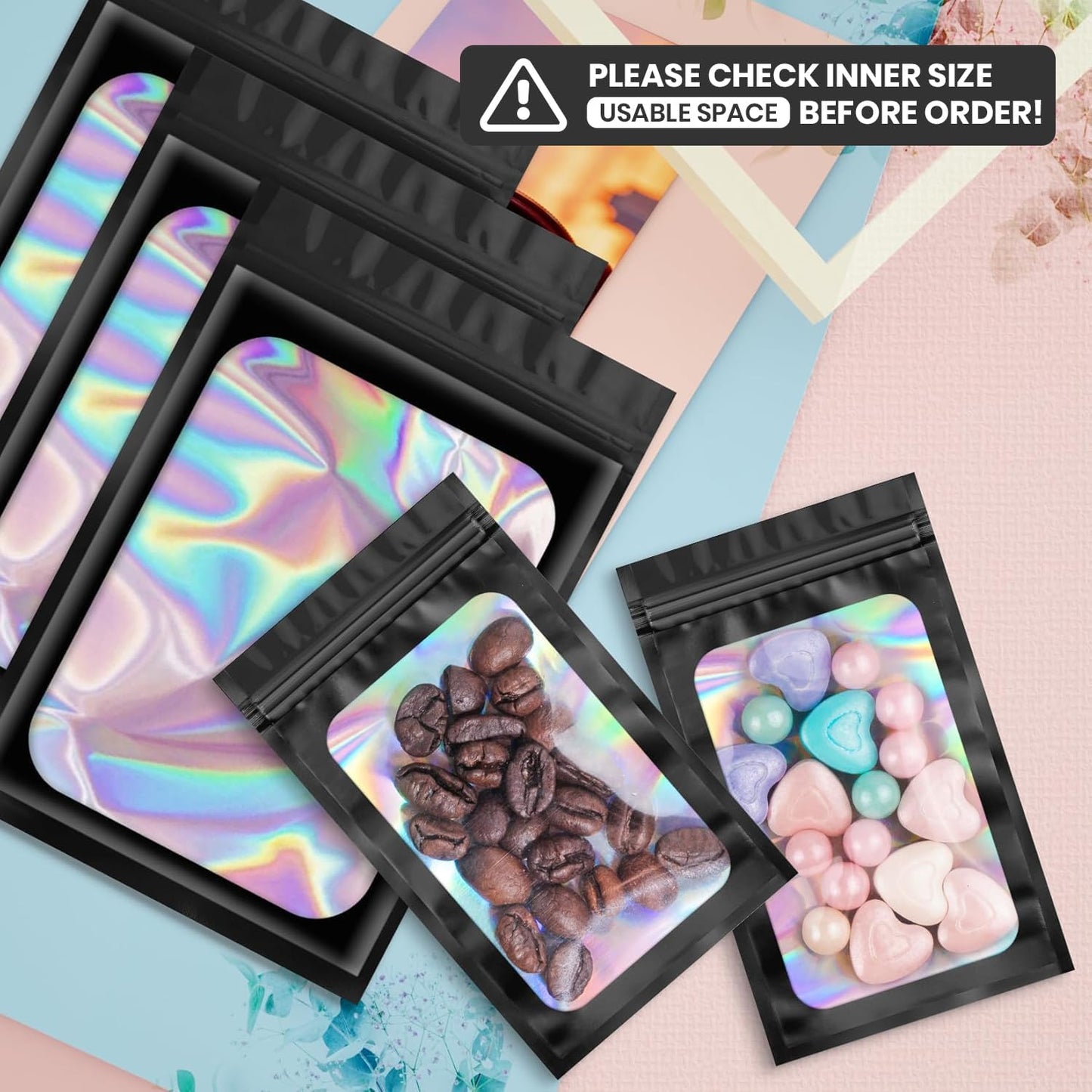 100 pcs Black Mylar Holographic Bags Packaging Bags,Clear Resealable Bag Foil Pouch Bag for Food Storage and Lipgloss,Jewelry,Eyelash Packaging for Small Business(2.4x3.9Inch)