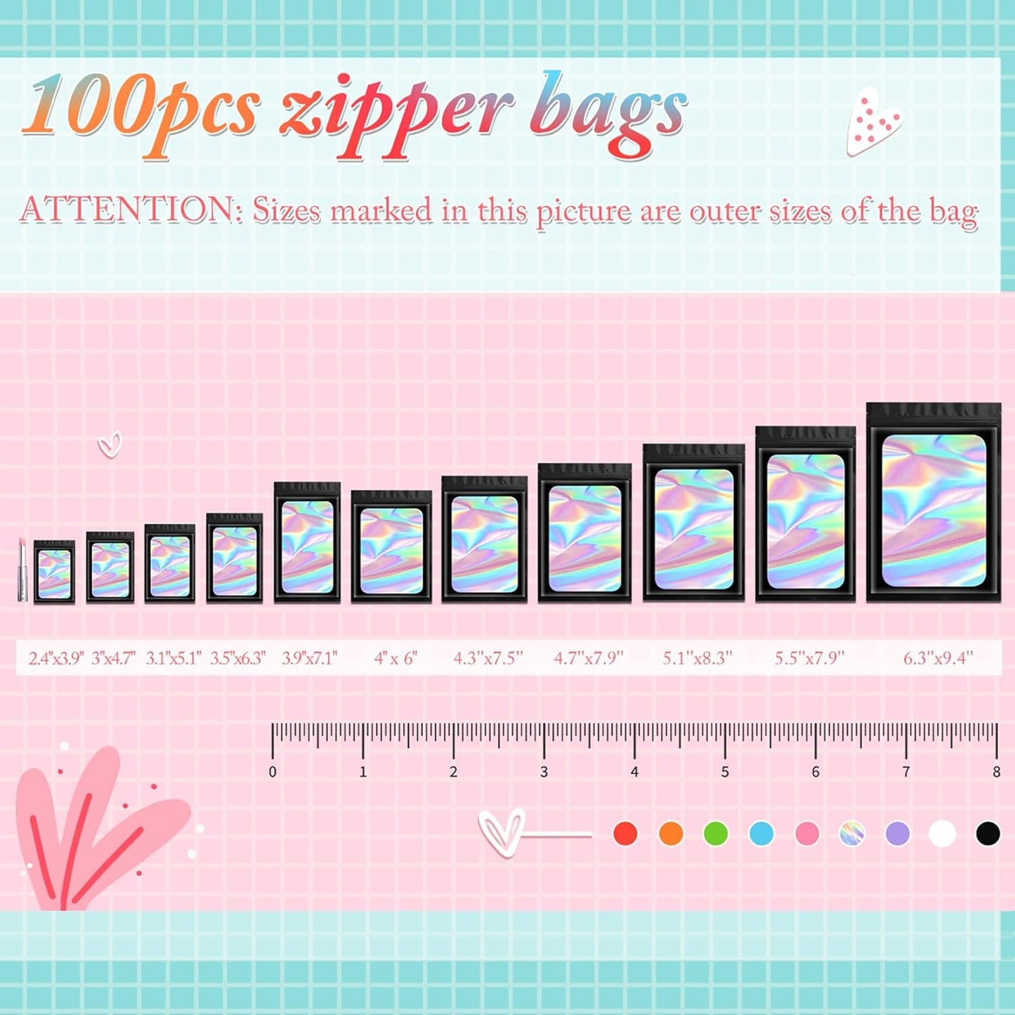 100 pcs Black Mylar Holographic Bags Packaging Bags,Clear Resealable Bag Foil Pouch Bag for Food Storage and Lipgloss,Jewelry,Eyelash Packaging for Small Business(2.4x3.9Inch)
