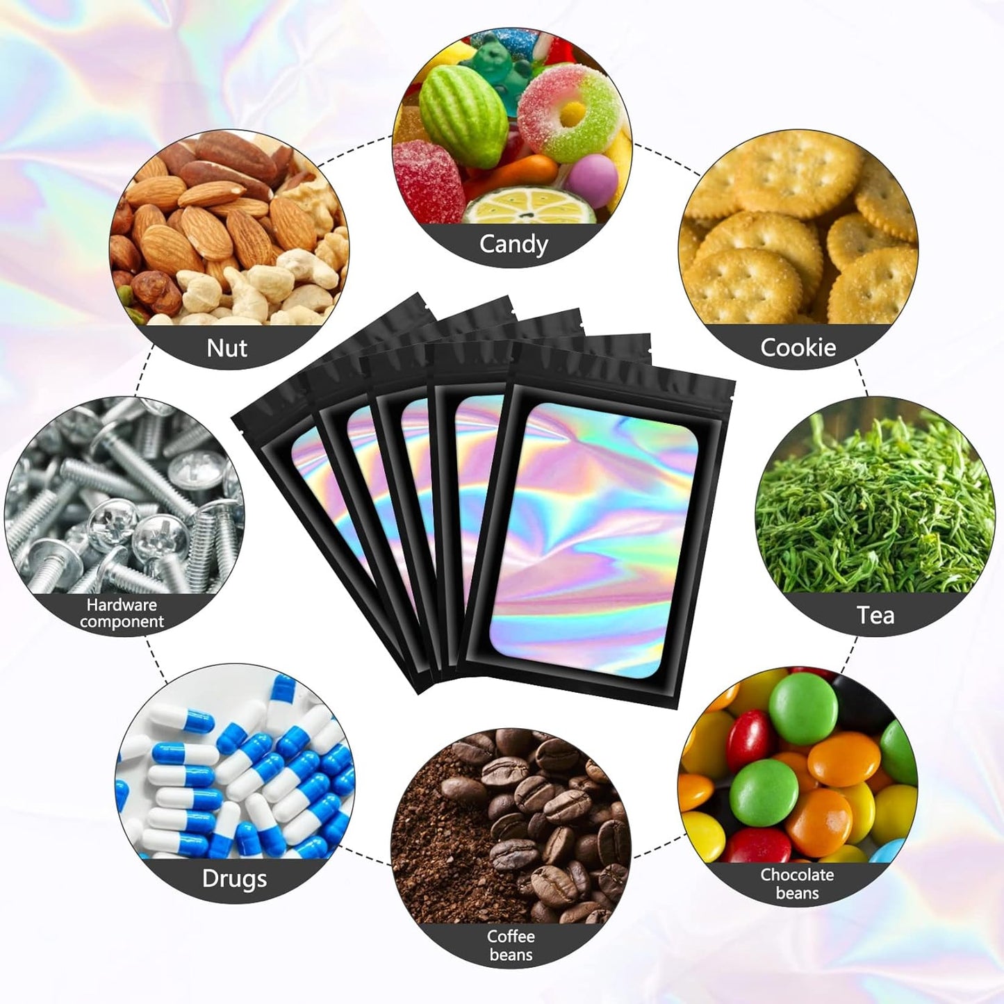 100 pcs Black Mylar Holographic Bags Packaging Bags,Clear Resealable Bag Foil Pouch Bag for Food Storage and Lipgloss,Jewelry,Eyelash Packaging for Small Business(2.4x3.9Inch)