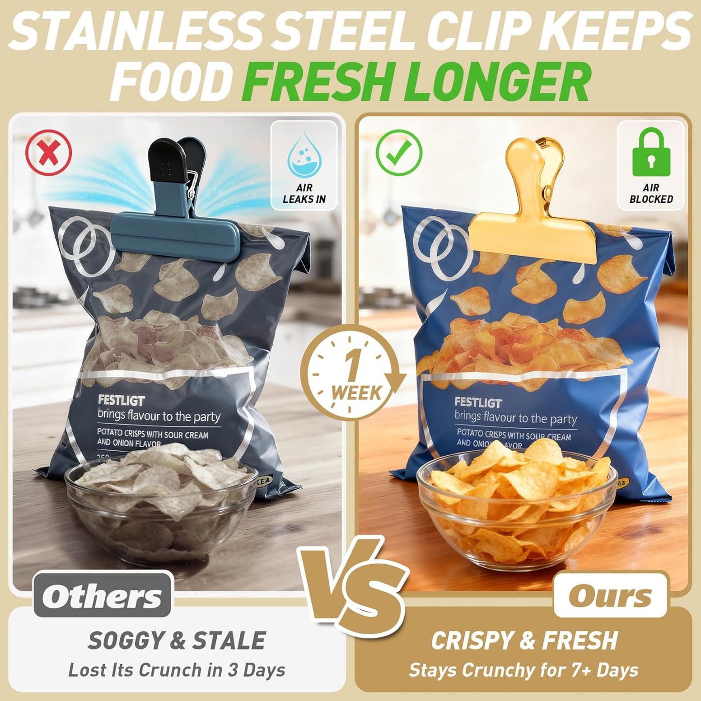 Chip Clips Bag Clips Gold Stainless Steel Clip for Food Storage,Air Tight Seal Chip Bag Clip 3 Inch Strong Food Clipp for Snack,Chips,Kitchen Decor,Home&Office Paper Heavy Duty-8 Pack
