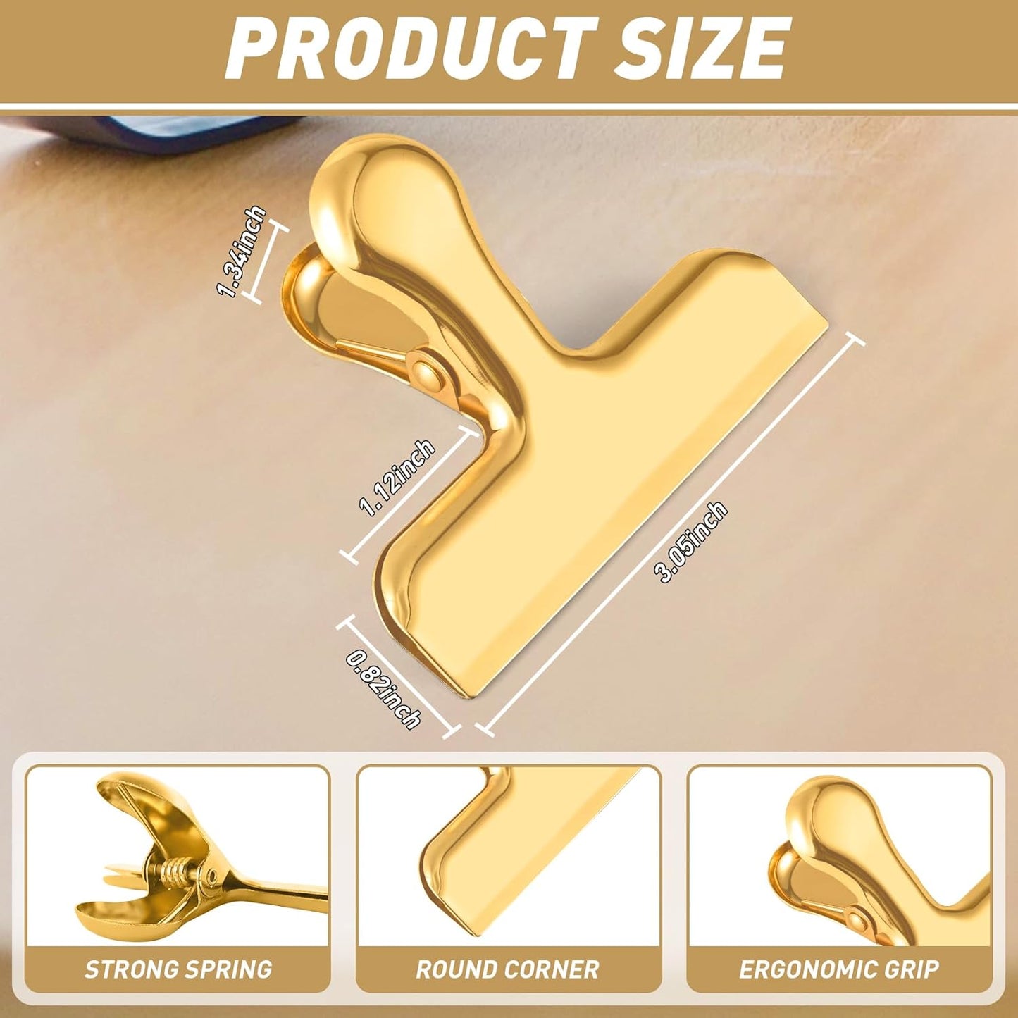 Chip Clips Bag Clips Gold Stainless Steel Clip for Food Storage,Air Tight Seal Chip Bag Clip 3 Inch Strong Food Clipp for Snack,Chips,Kitchen Decor,Home&Office Paper Heavy Duty-8 Pack