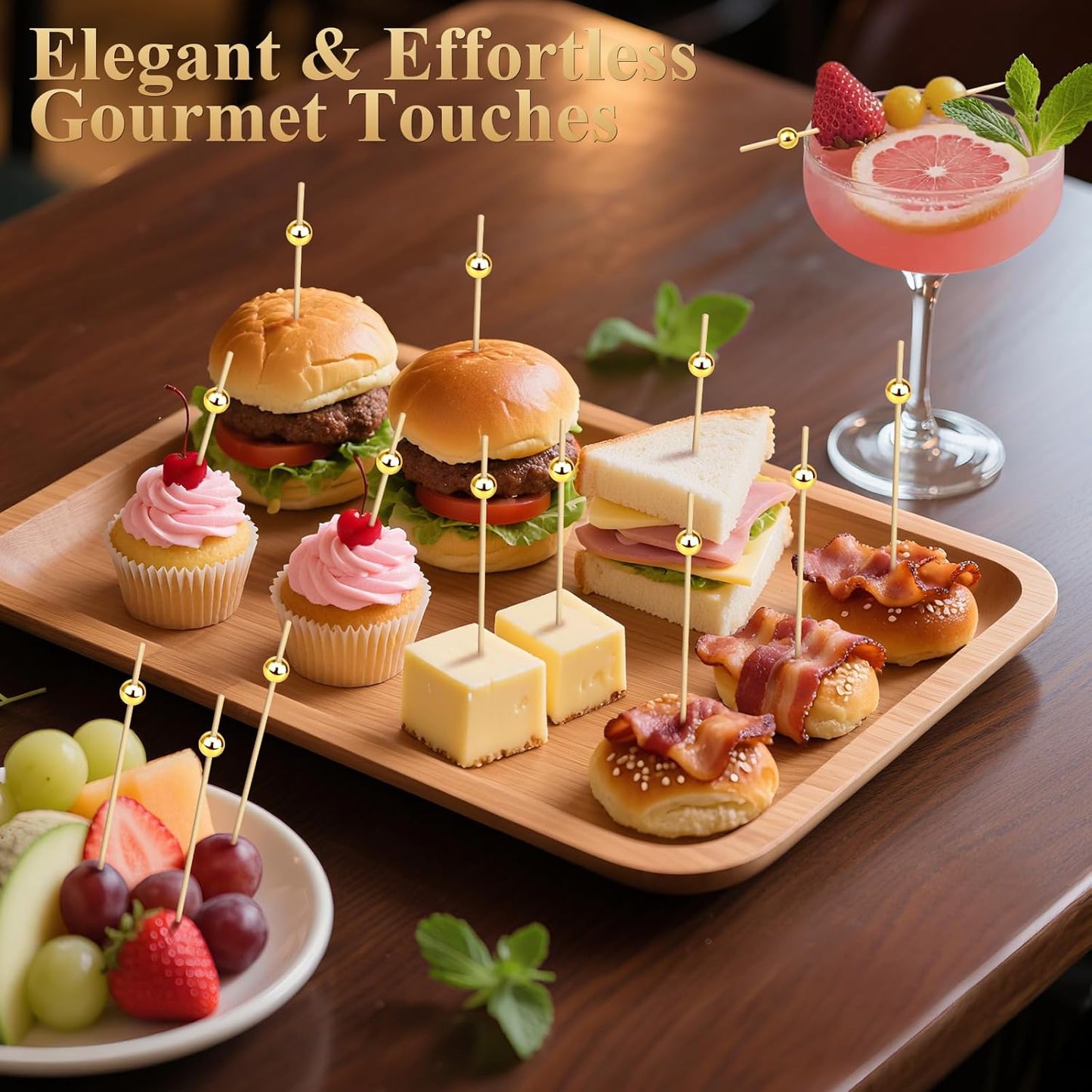 [300PCS] Cocktail Picks, Fancy Toothpicks for Appetizers Drinks Food Fruit, 4.7 IN Long Decorative Bamboo Skewers, Gold Pearl Wooden Garnish Sticks for Charcuterie Boards Accessories Party Supplies