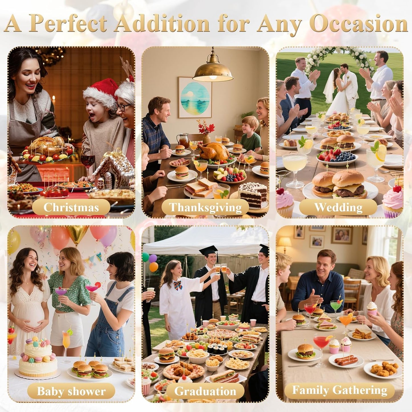 [300PCS] Cocktail Picks, Fancy Toothpicks for Appetizers Drinks Food Fruit, 4.7 IN Long Decorative Bamboo Skewers, Gold Pearl Wooden Garnish Sticks for Charcuterie Boards Accessories Party Supplies