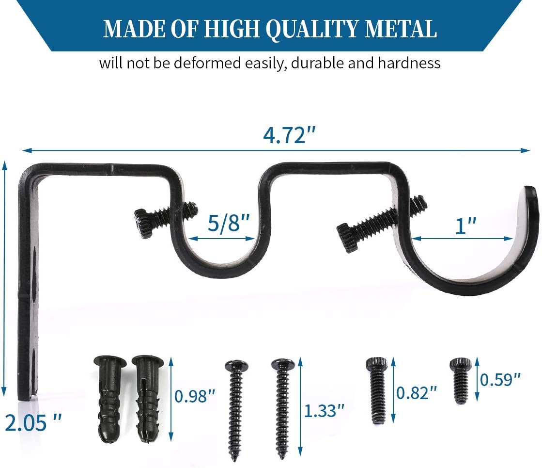 Heavy Duty Double Curtain Rod Brackets, 1" & 5/8" Inch Rod Holders (Set of 2, Black)