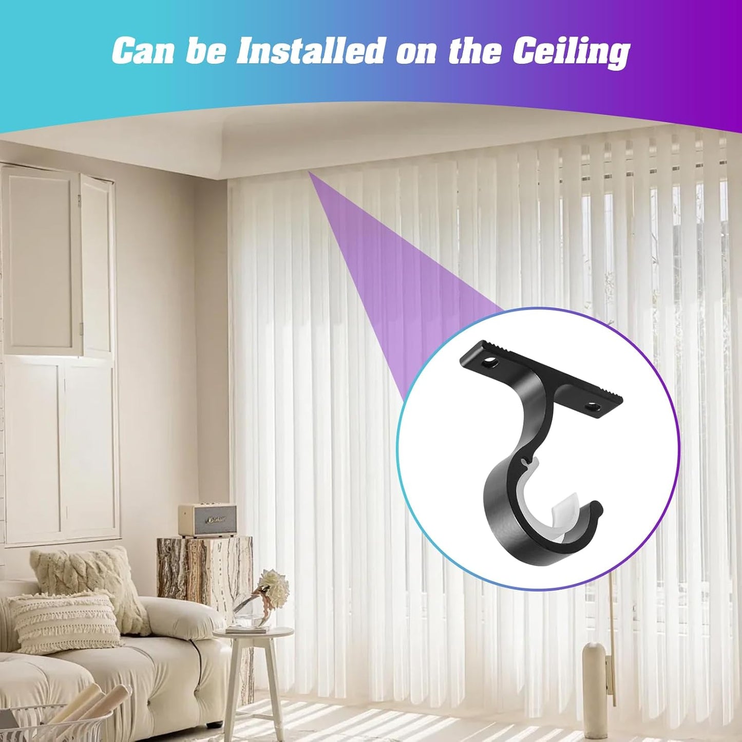 Ceiling Mount & Wall Installation Curtain Rod Brackets Holders for 1 Inch Rod, Black (Set of 2, Black)