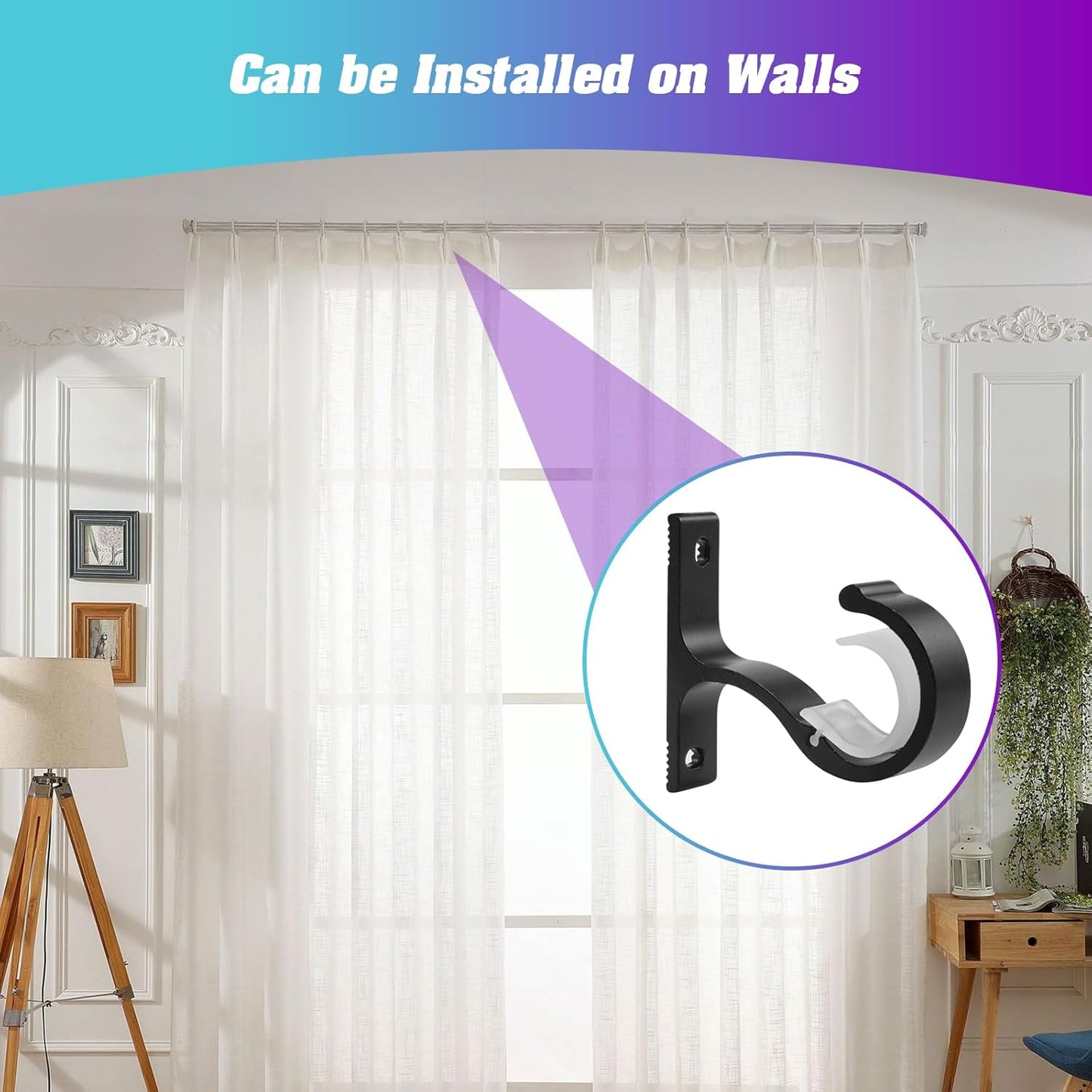 Ceiling Mount & Wall Installation Curtain Rod Brackets Holders for 1 Inch Rod, Black (Set of 2, Black)