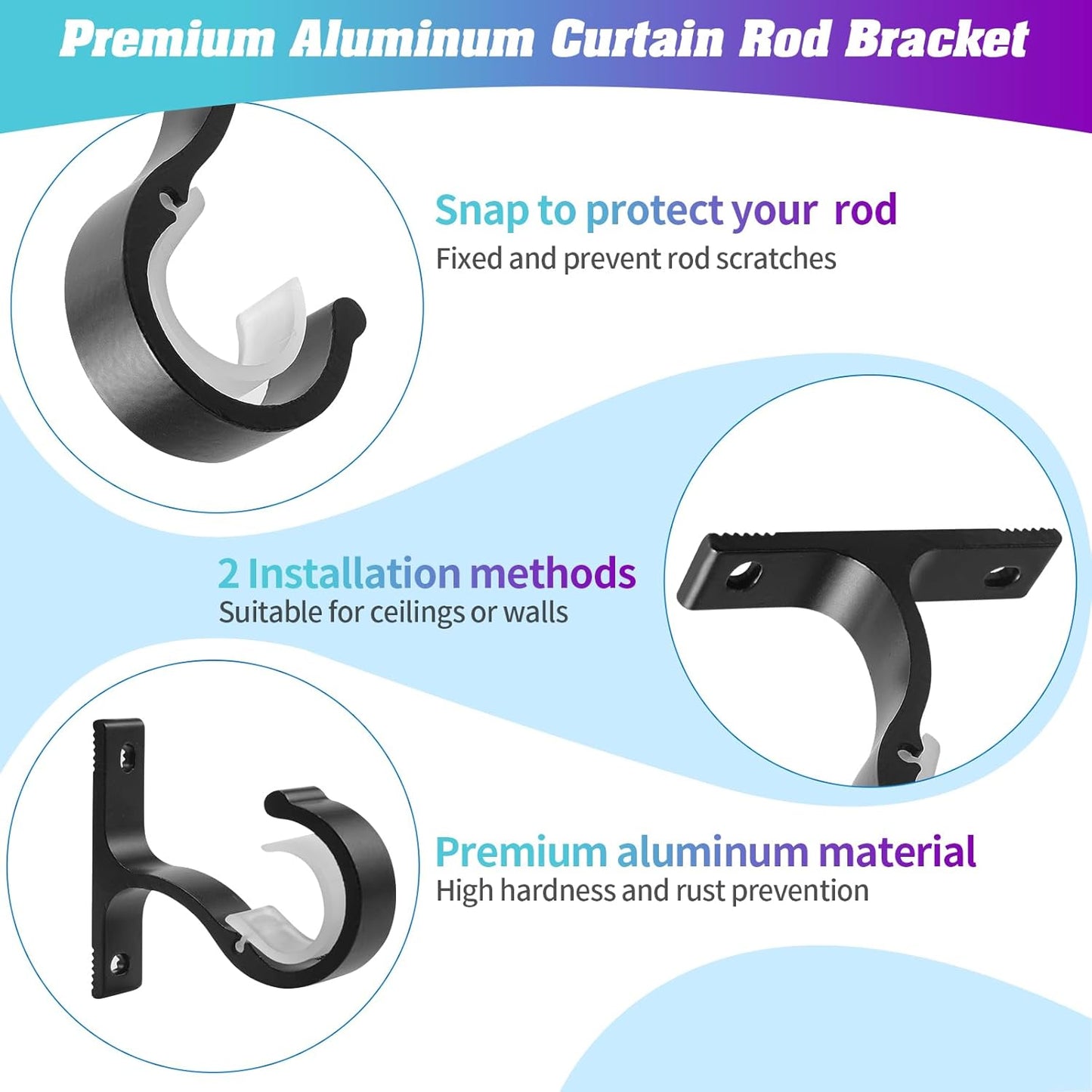 Ceiling Mount & Wall Installation Curtain Rod Brackets Holders for 1 Inch Rod, Black (Set of 2, Black)