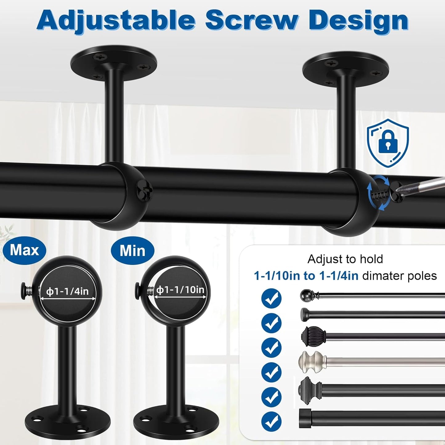 Curtain Rod Brackets, Ceiling Heavy Duty Holders, Black 4 Pack Hooks Hangers for 1 1/4-Inch Drape Poles