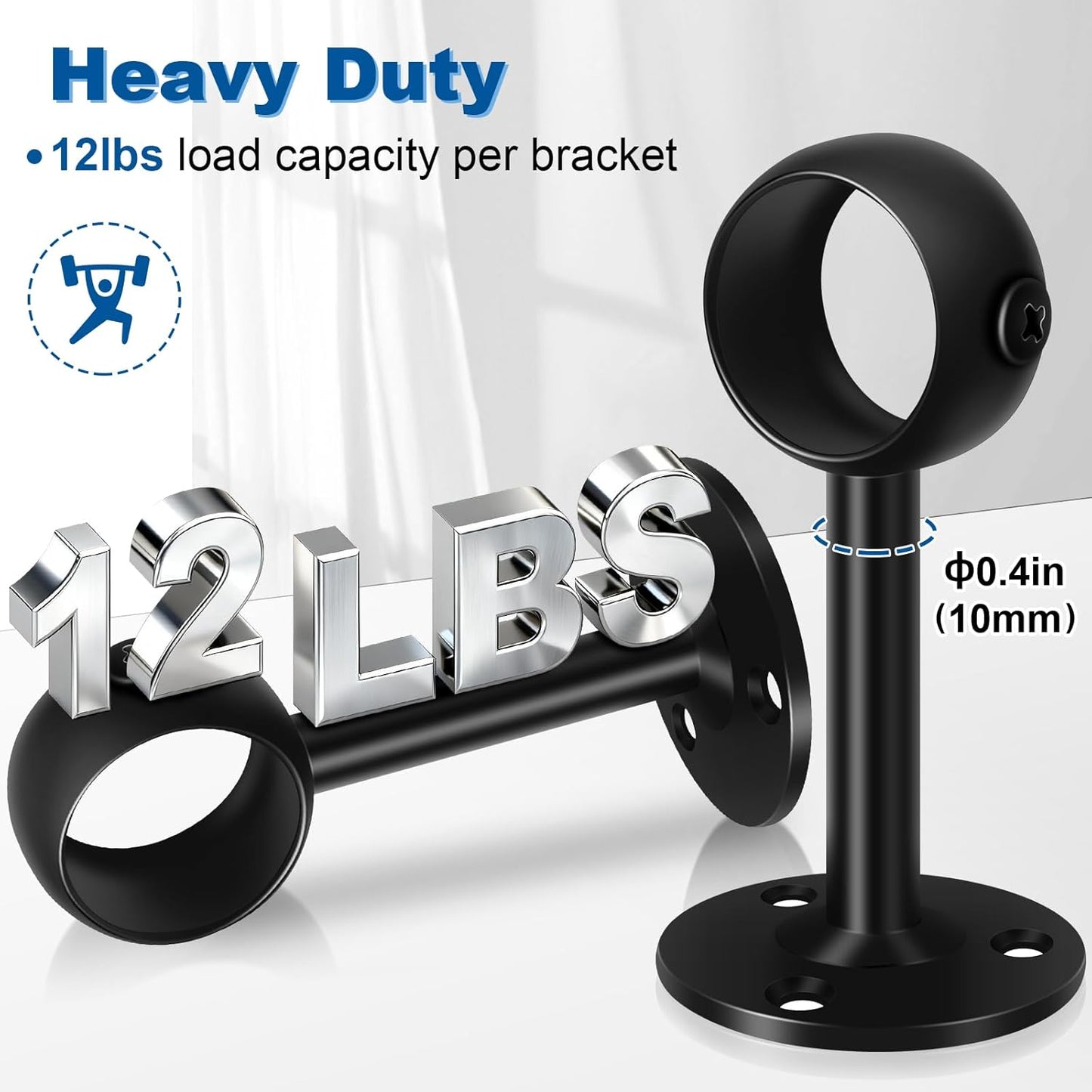 Curtain Rod Brackets, Ceiling Heavy Duty Holders, Black 4 Pack Hooks Hangers for 1 1/4-Inch Drape Poles
