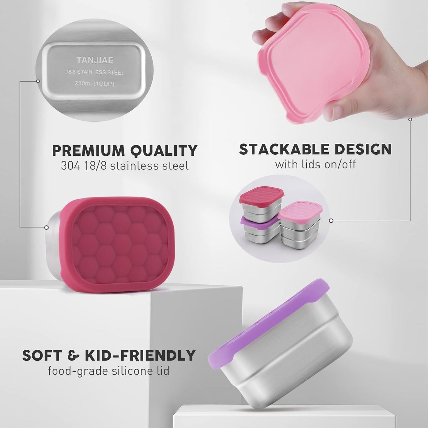 Small (1 CUP) Stainless Steel Snack Containers for Kids | Easy Open Leak Proof Food Containers with Silicone Lids - Perfect l Toddler Lunch Box for Daycare and School (8oz)