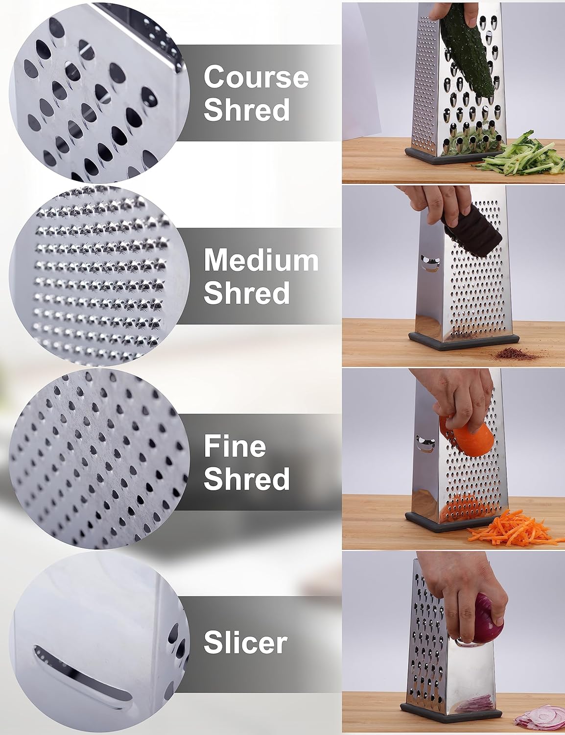 Cheese Grater, Box Grater for Cheese Stainless steel Vegetable Slicer Food Shredder 4-sided Convenience for kitchen