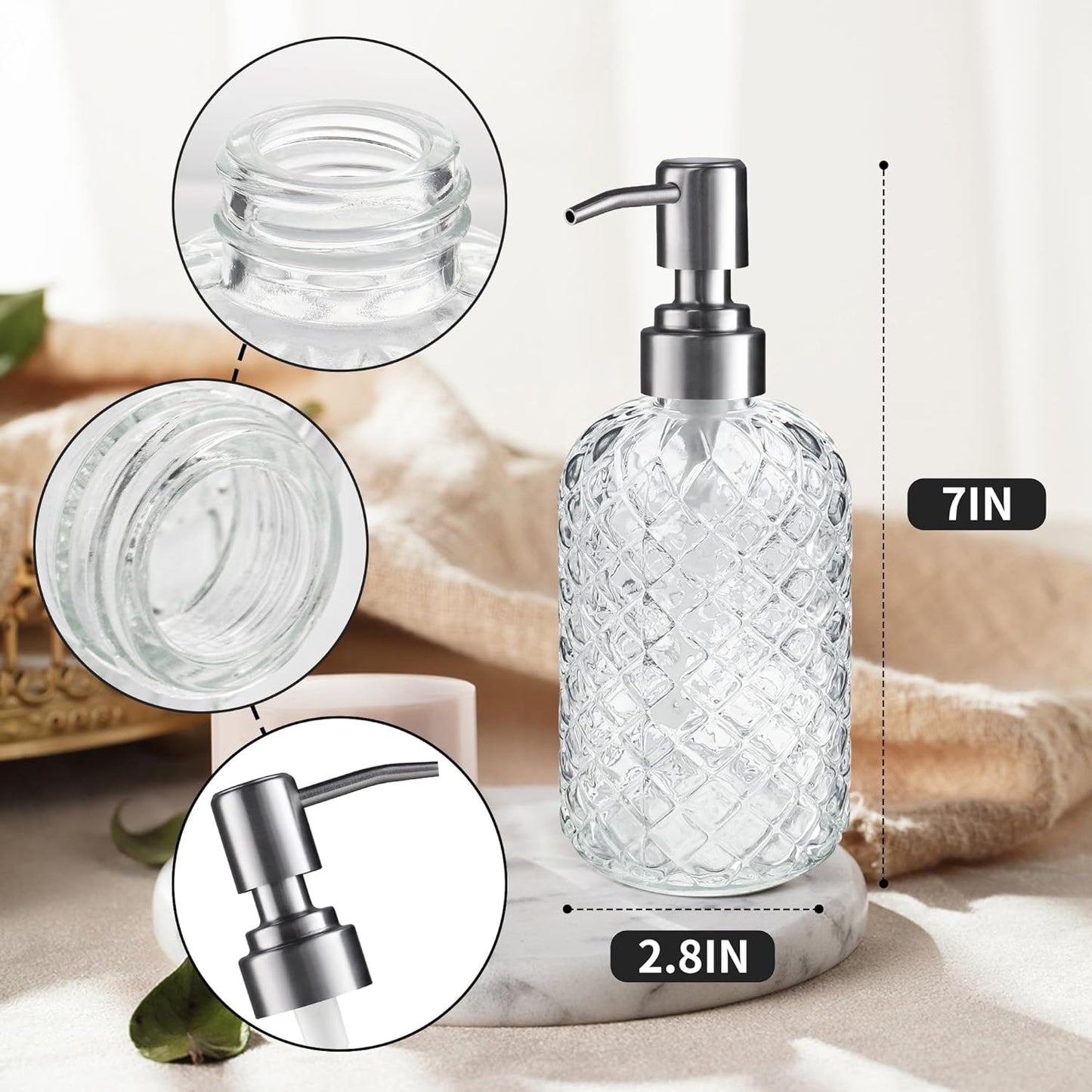14 Oz Refillable Glass Soap Dispenser with Rust Proof Stainless Steel Pump, for Dispense Hand soap, Body wash, Lotion