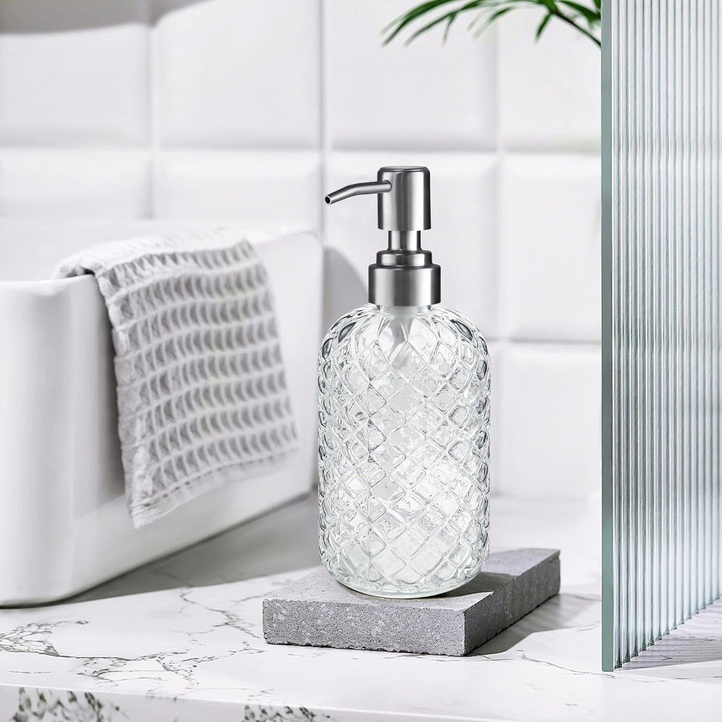 14 Oz Refillable Glass Soap Dispenser with Rust Proof Stainless Steel Pump, for Dispense Hand soap, Body wash, Lotion