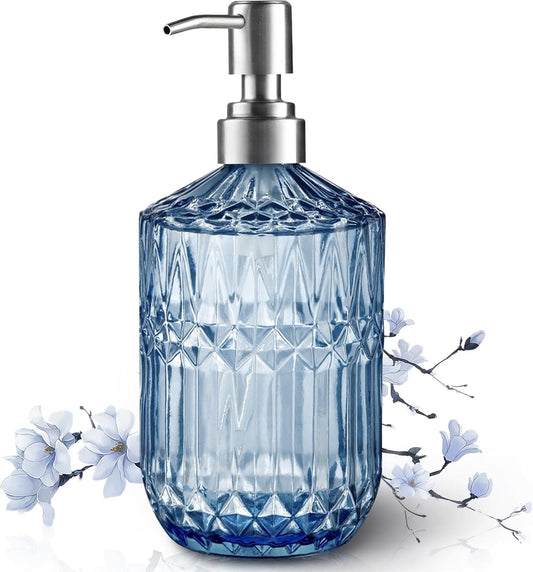 13 Oz Refillable Soap Dispenser, Glass Soap Dispenser for Dispense Hand Soap, Dish Soap, Lotion (Blue)