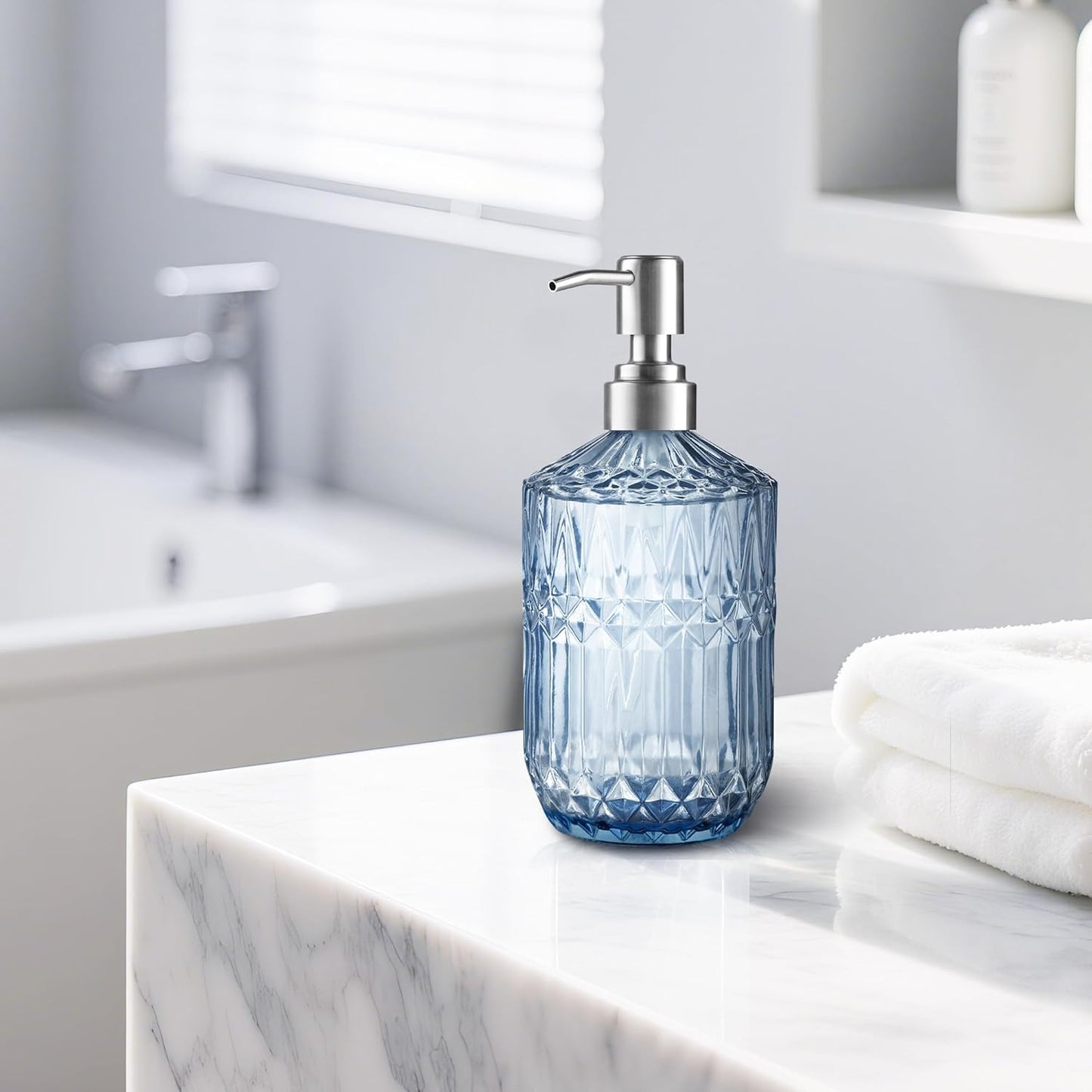 13 Oz Refillable Soap Dispenser, Glass Soap Dispenser for Dispense Hand Soap, Dish Soap, Lotion (Blue)