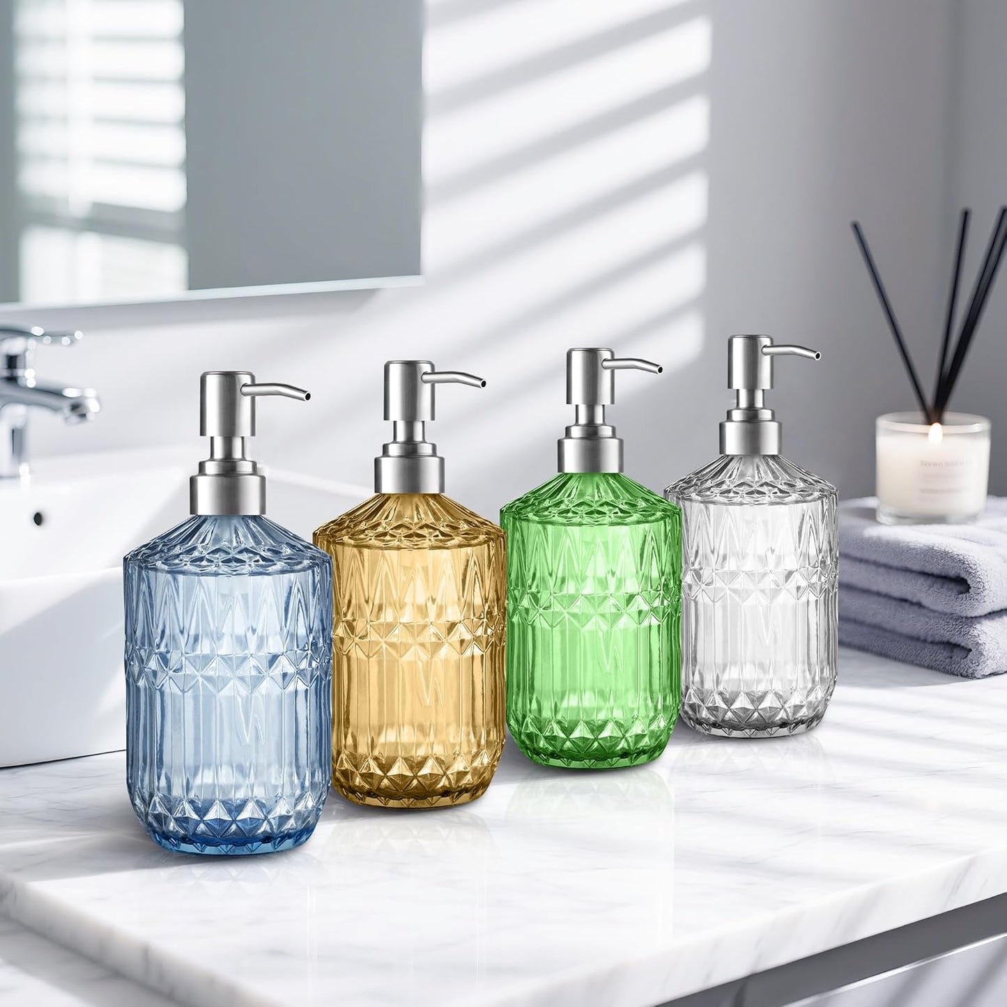 13 Oz Refillable Soap Dispenser, Glass Soap Dispenser for Dispense Hand Soap, Dish Soap, Lotion (Blue)