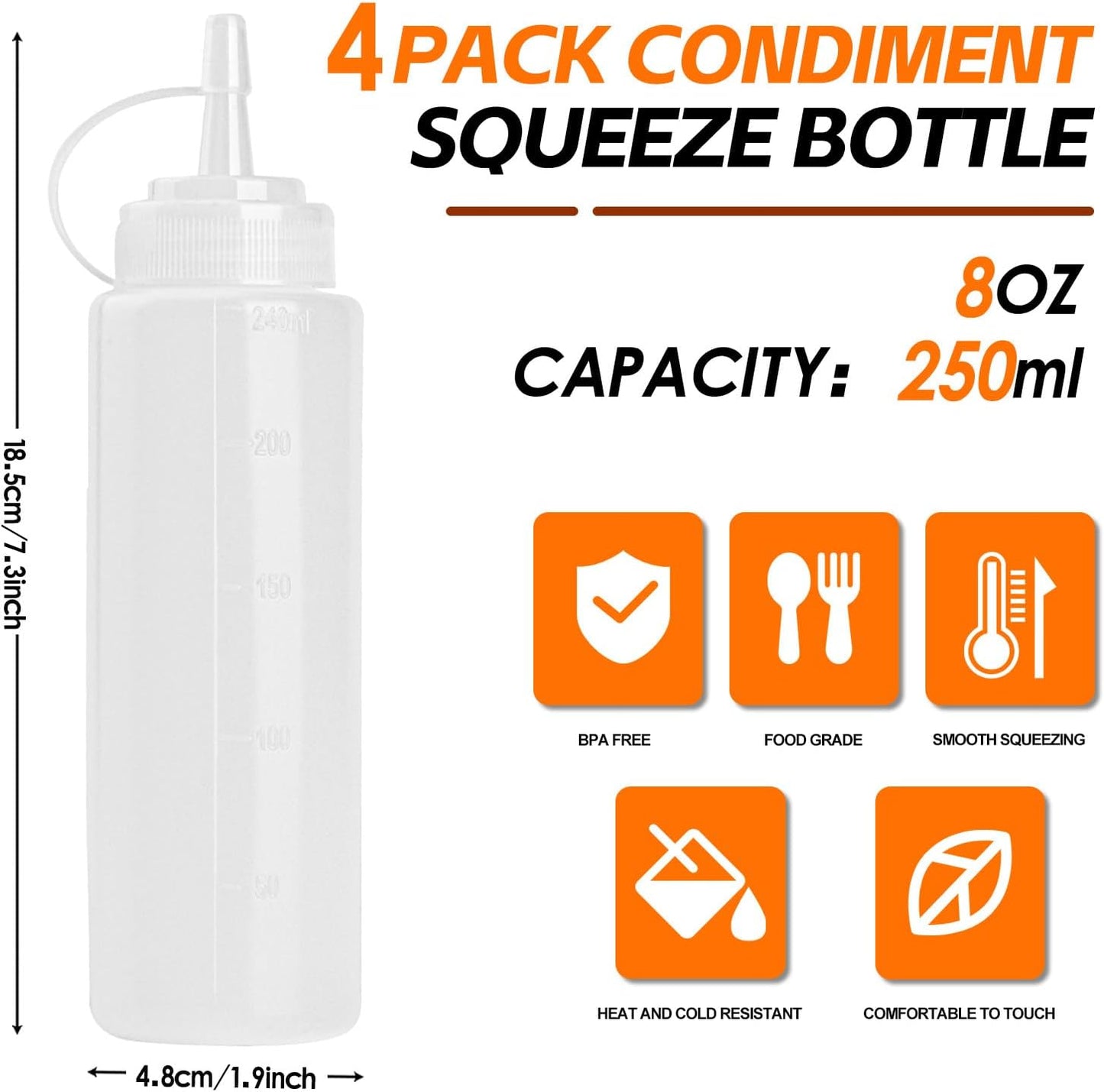 4 Pcs 8 oz Condiment Squeeze Bottles for Sauce, Plastic Squeeze Bottles, Squirt Bottle Oil Container Dispenser for Ketchup, Sauce, BBQ, Grilling, Salad Dressing, Honey,Paint and Craft