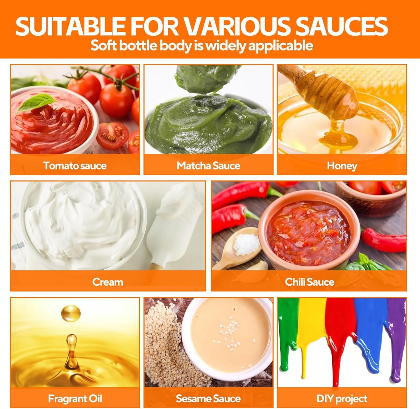 4 Pcs 8 oz Condiment Squeeze Bottles for Sauce, Plastic Squeeze Bottles, Squirt Bottle Oil Container Dispenser for Ketchup, Sauce, BBQ, Grilling, Salad Dressing, Honey,Paint and Craft