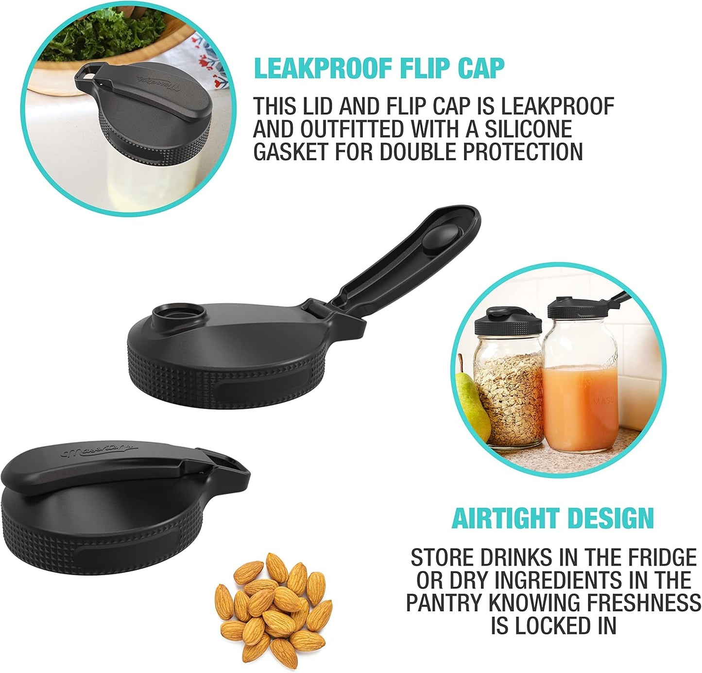 Multi Top Flip Cap Mason Jar Lid - Regular Mouth Mason Jar Pour Lids Small Mouth Mason Jar Lids Pour Spout and Flip Cap – Sip, Pour, Store & More - Leakproof Mason Jar Pour Spout Lid 2-Pack