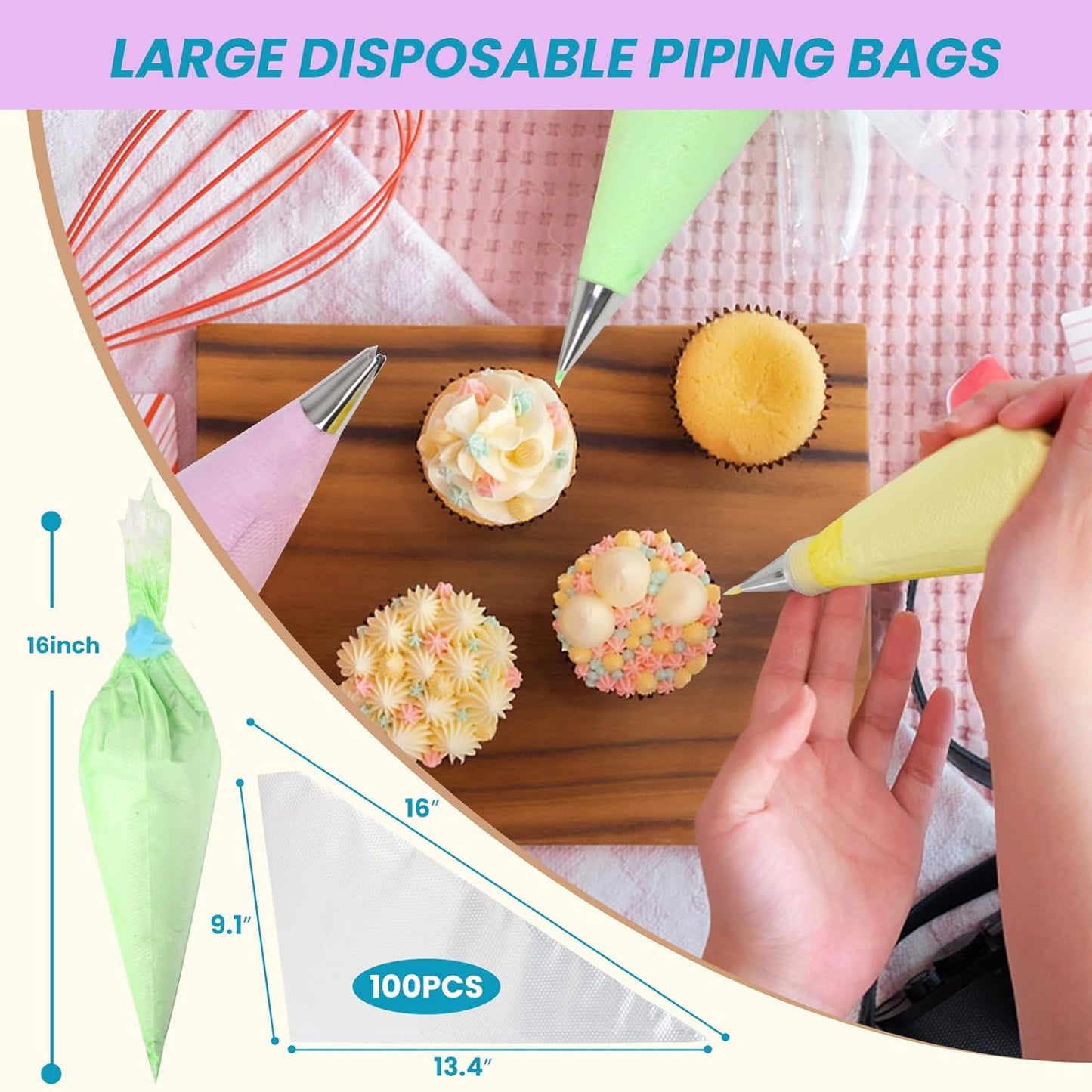 Piping Bags 16 Inch - Disposable Piping Bags 100pcs, Large Pastry Bags, Thickened Frosting Bags, Cake Decorating Bags, Large Piping Bags, Icing Bags for Cake Decorating