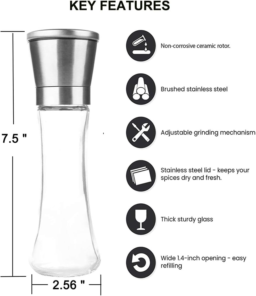 Pepper Grinder or Salt Grinder, Best Spice Mill with Ceramic Blades, Adjustable Coarseness, Brushed Stainless Steel Cap, and Refillable Tall Glass Body with 6OZ Capacity (7.5")