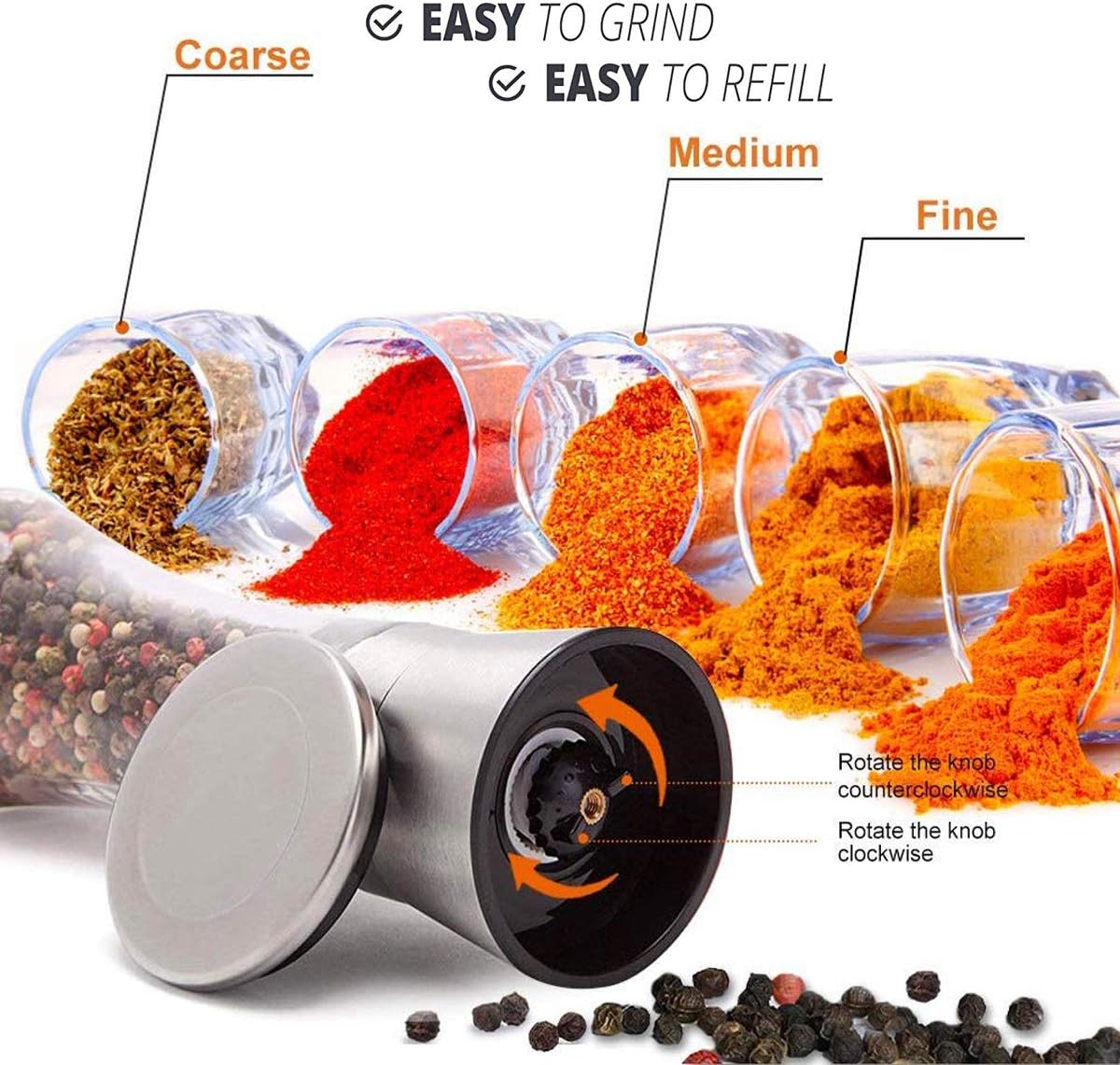 Pepper Grinder or Salt Grinder, Best Spice Mill with Ceramic Blades, Adjustable Coarseness, Brushed Stainless Steel Cap, and Refillable Tall Glass Body with 6OZ Capacity (7.5")