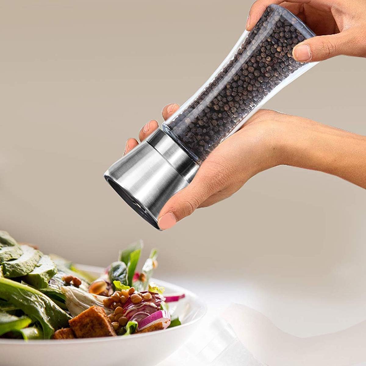 Pepper Grinder or Salt Grinder, Best Spice Mill with Ceramic Blades, Adjustable Coarseness, Brushed Stainless Steel Cap, and Refillable Tall Glass Body with 6OZ Capacity (7.5")