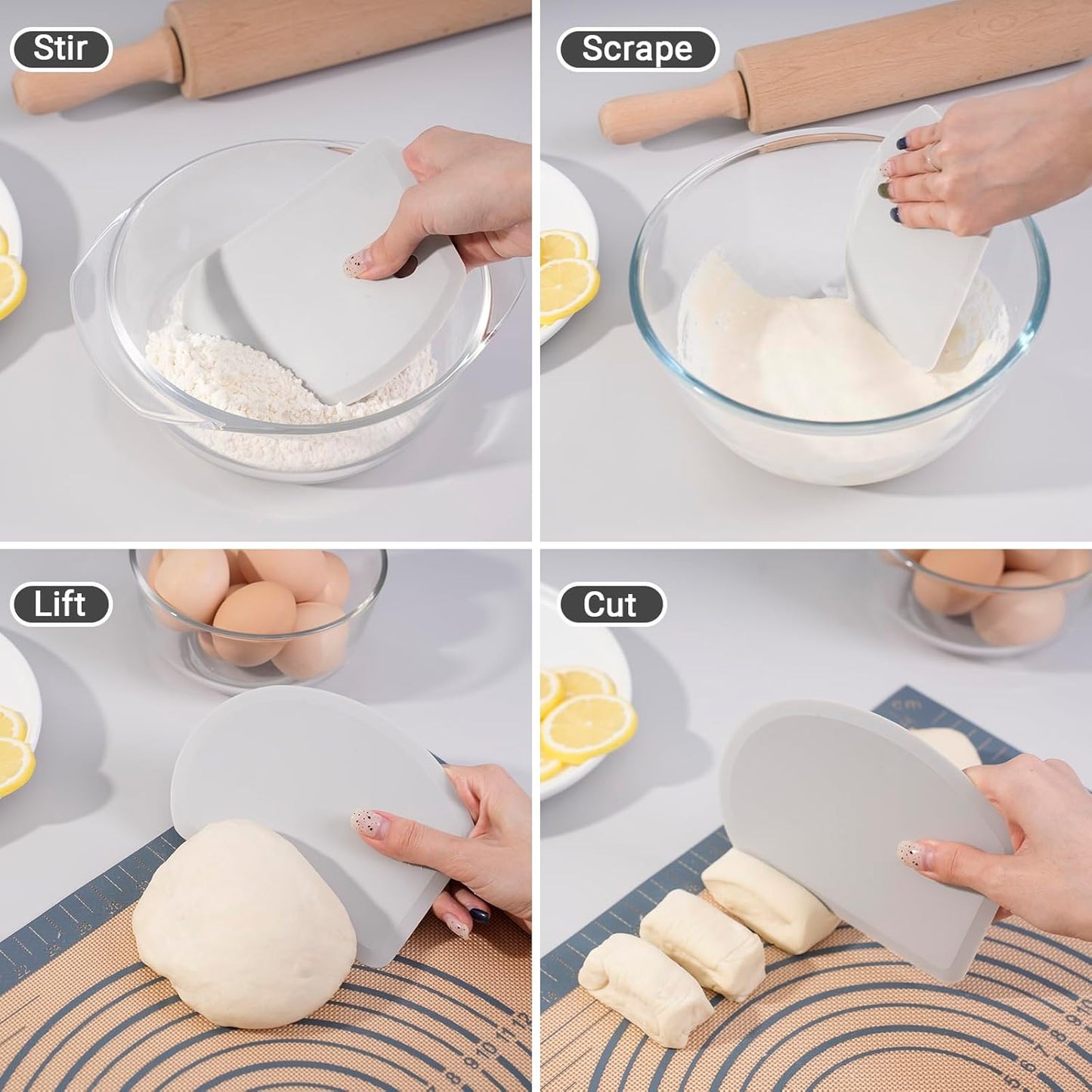 Silicone Bowl Scraper Flexible Curved Edge, Food Grade Bench Dough Scraper for Baking Sourdough Bread, Cake, Fondant Icing, Heat- Resistance Kitchen Dish Pan Scrapers (5.98"×4.3", Gray)