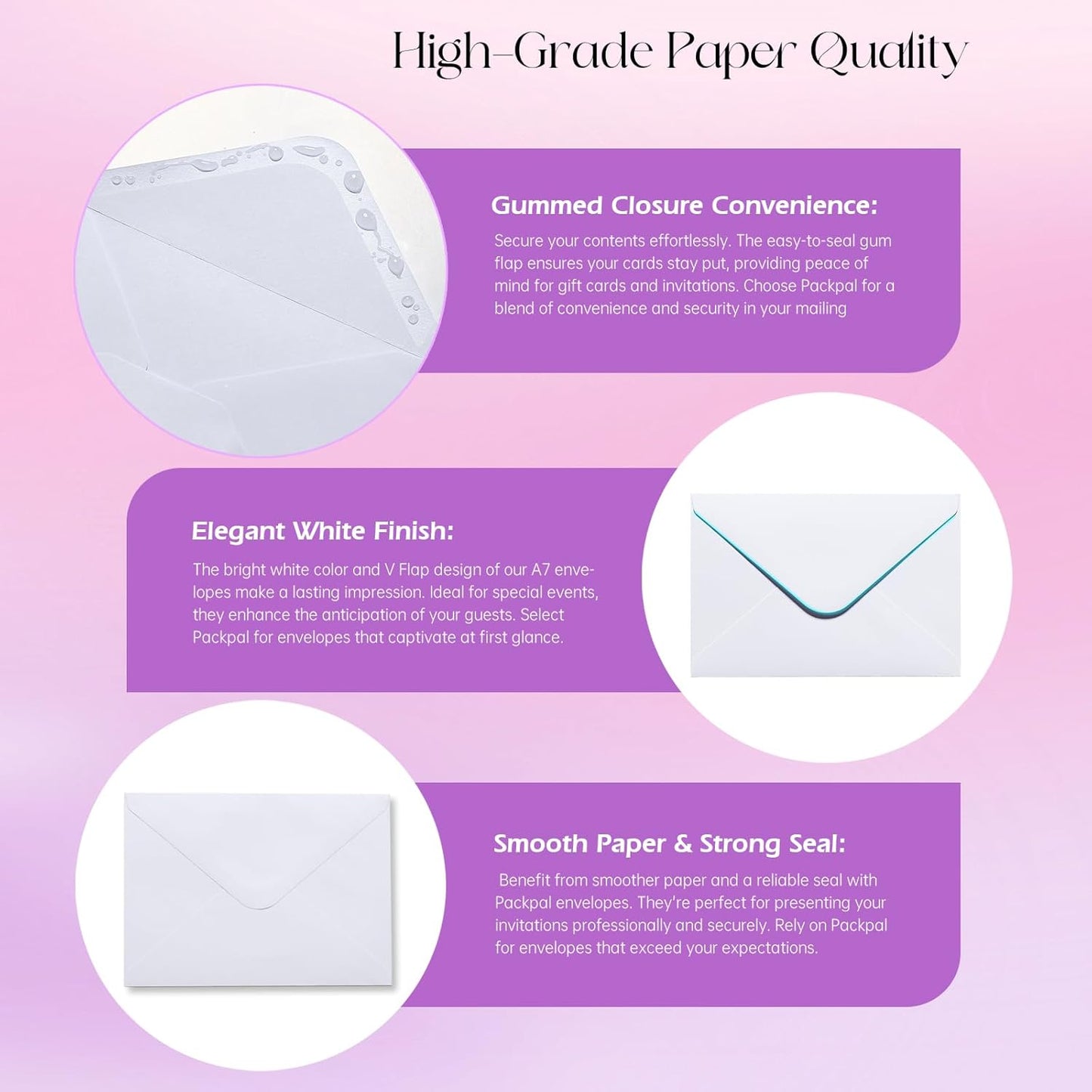 50PACK 5x7 Envelopes for Invitations, White A7 Envelopes for Wedding, Graduation, RSVP Cards, Gummed V Flag 5 1/4 x 7 1/4 inch