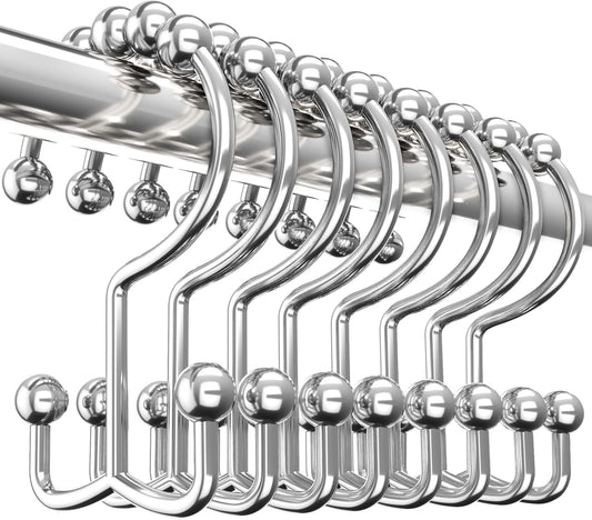 Shower Curtain Hooks Rings 12 Pack, Rust Resistant Double Roller Glide Shower Hooks for Bathroom, Shower Rods and Curtains, Nickel