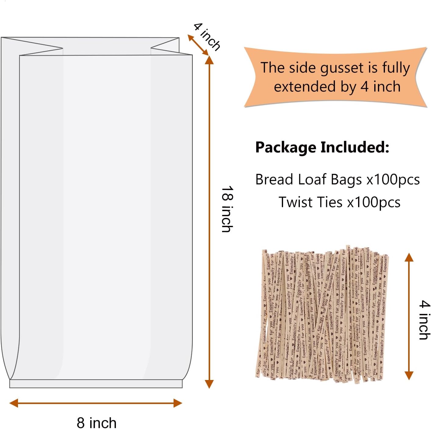 Bread Bags With Ties,100 Pieces 18x4x8 Inches Reusable Plastic Loaf Storage Bags for Homemade Bread Gift Giving