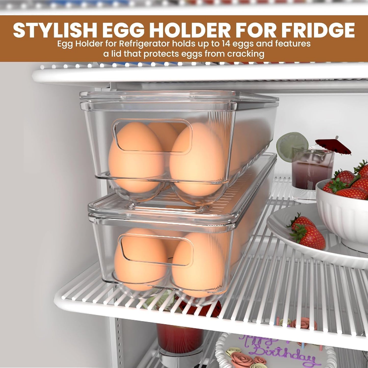 Pack of 2 - Egg Basket for fridge - Egg Holder for Fridge - 14 Egg Container With Lid & Handle, Egg Container For Refrigerator, Stackable Plastic Egg Tray with Lids (Clear)