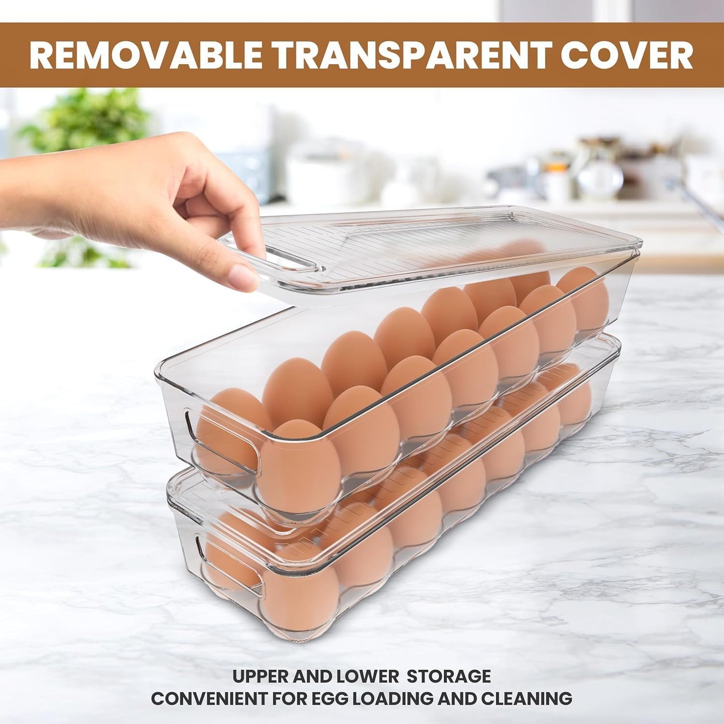 Pack of 2 - Egg Basket for fridge - Egg Holder for Fridge - 14 Egg Container With Lid & Handle, Egg Container For Refrigerator, Stackable Plastic Egg Tray with Lids (Clear)