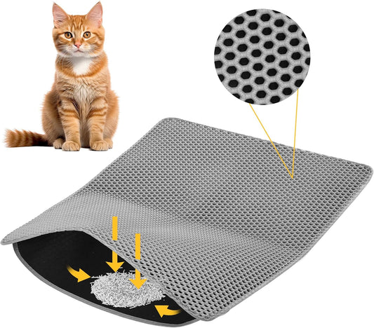Cat Litter Mat ，60x45cm Double-Layer Honeycomb Design, Waterproof & Urine-Proof, Traps Litter to Keep Floors Clean(Gray)