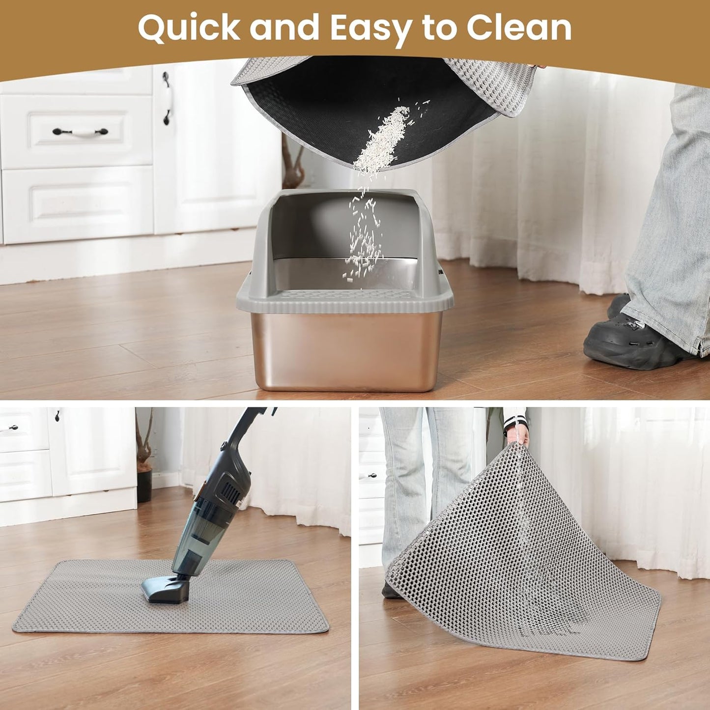 Cat Litter Mat ，60x45cm Double-Layer Honeycomb Design, Waterproof & Urine-Proof, Traps Litter to Keep Floors Clean(Gray)