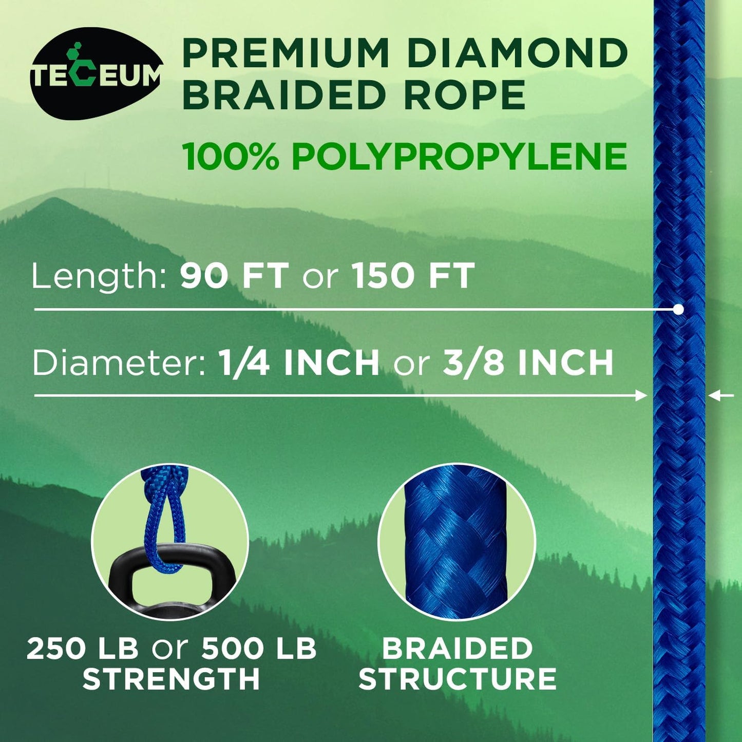 Rope – 90 Feet x 1/4 Inch (7mm) – Blue – Strong All-Purpose Utility Rope – Camping, Crafting, Flag Pole, Indoor & Outdoor – Polypropylene Nylon Poly Lightweight Diamond Braided Cord